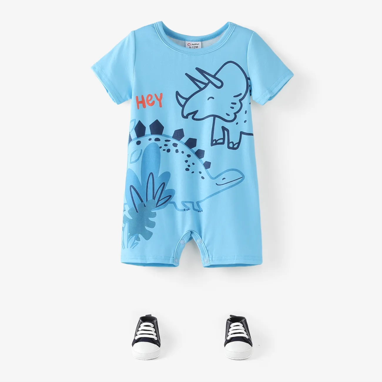 Baby Boy Stripe/Dinosaur Print Short-sleeve Romper Light Blue big image 1
