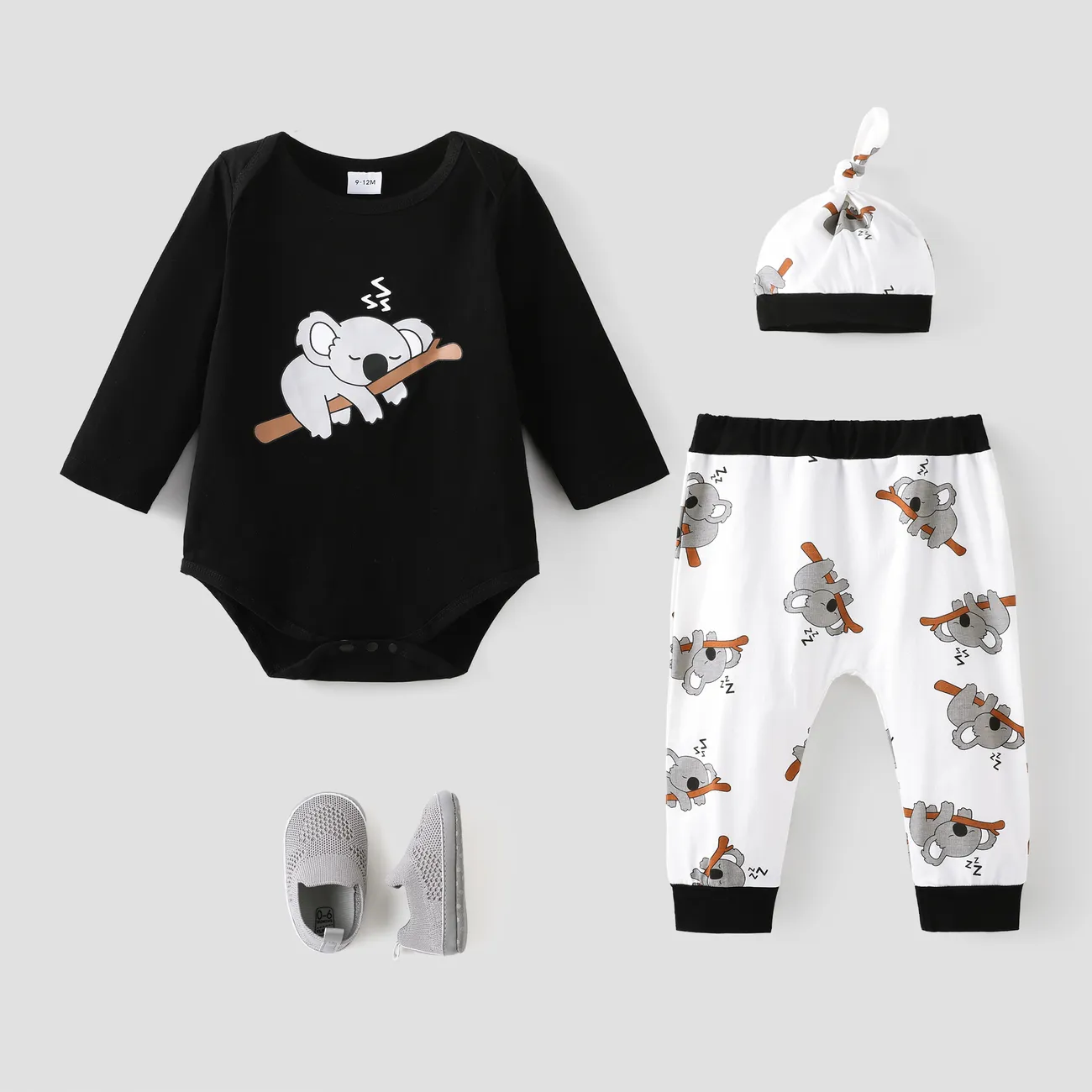 3pcs Baby Boy/Girl 95% Cotton Long-sleeve Koala Print Romper and Pants with Hat Set White big image 1