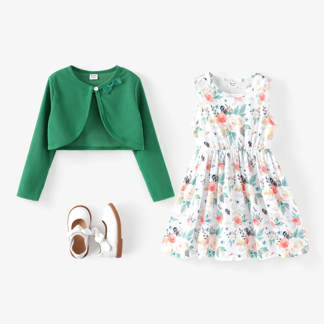 2pcs Kid Girl Floral Print Sleeveless Dress and Bowknot Design Cardigan Set Green big image 1