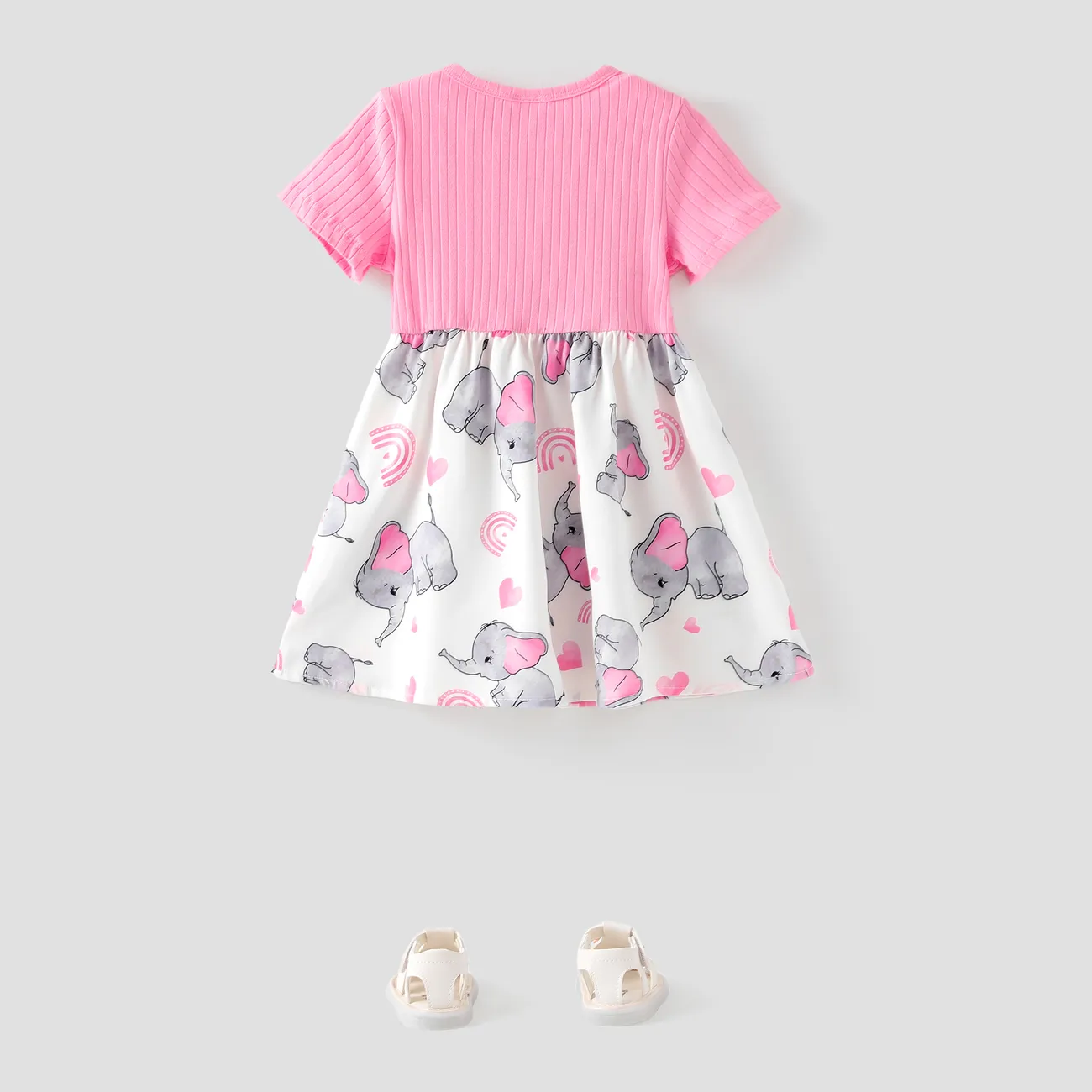 vestido de manga curta estampa de elefante com nervuras para bebê/menina rosa branco big image 1