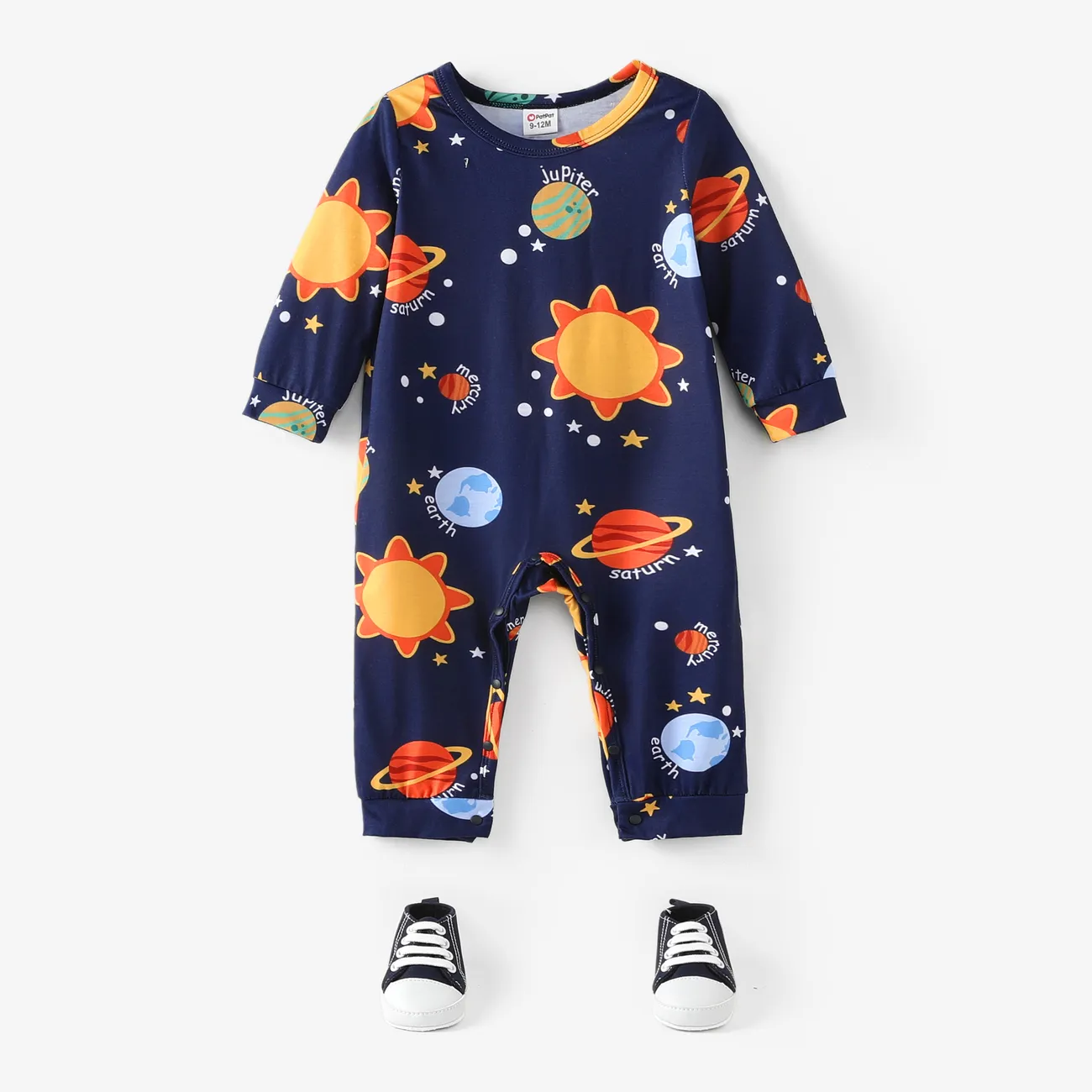Baby Boy All Over Solar System Planets and Letter Print Dark Blue Long-sleeve Jumpsuit Deep Blue big image 1