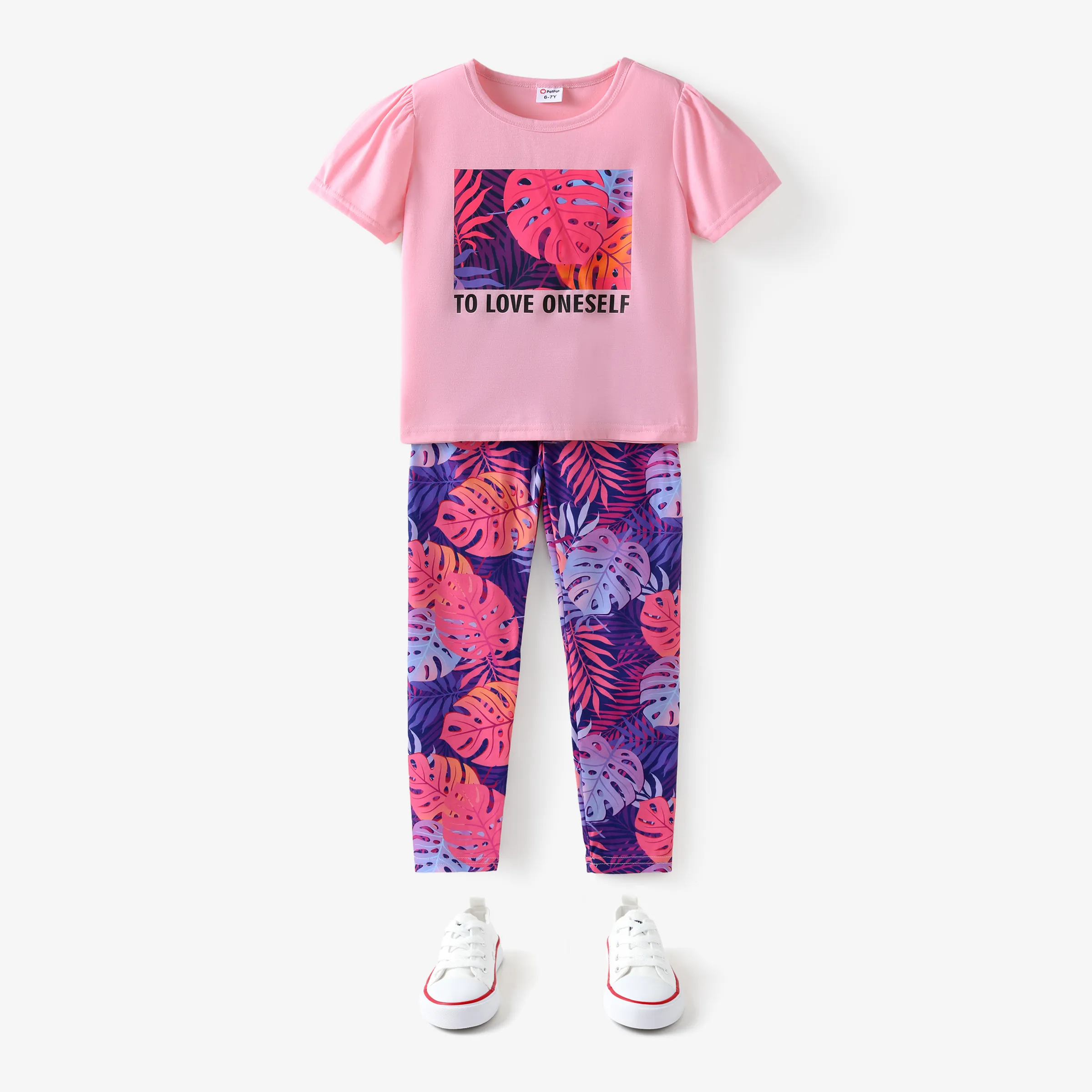 2-piece Kid Girl Letter Leaf Print Tee and Elasticized Leggings Set