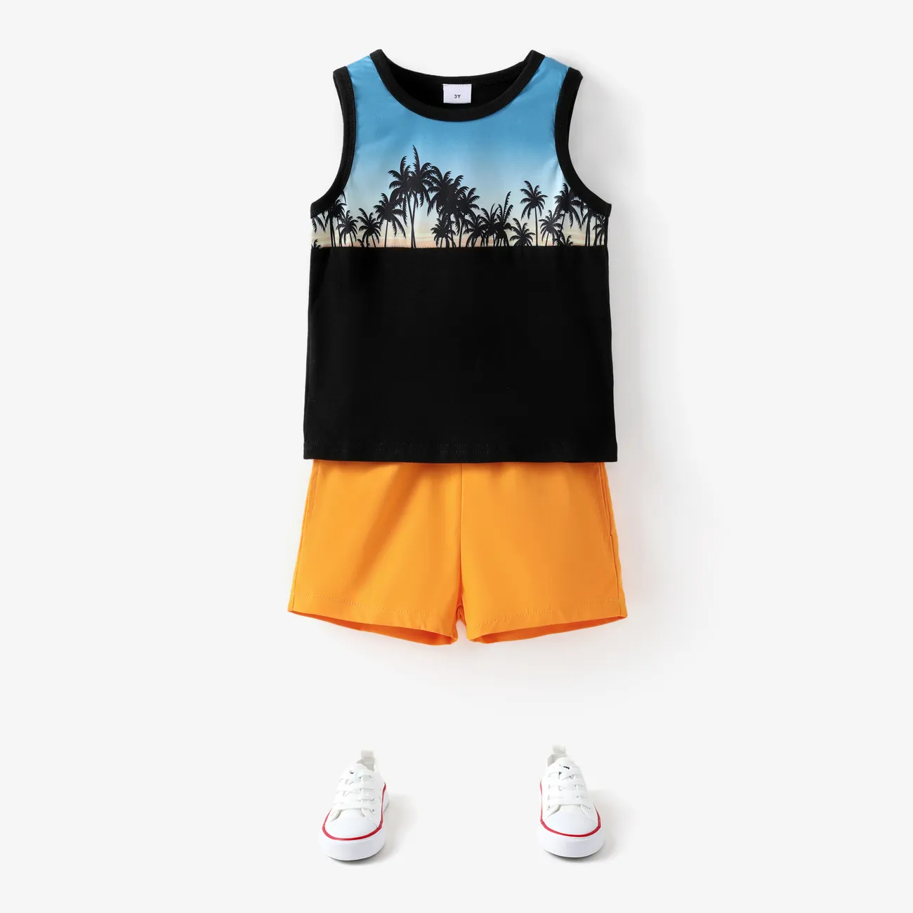 2pcs Toddler Boy Boho Floral Tree Print Tank Top and Shorts Set Black big image 1