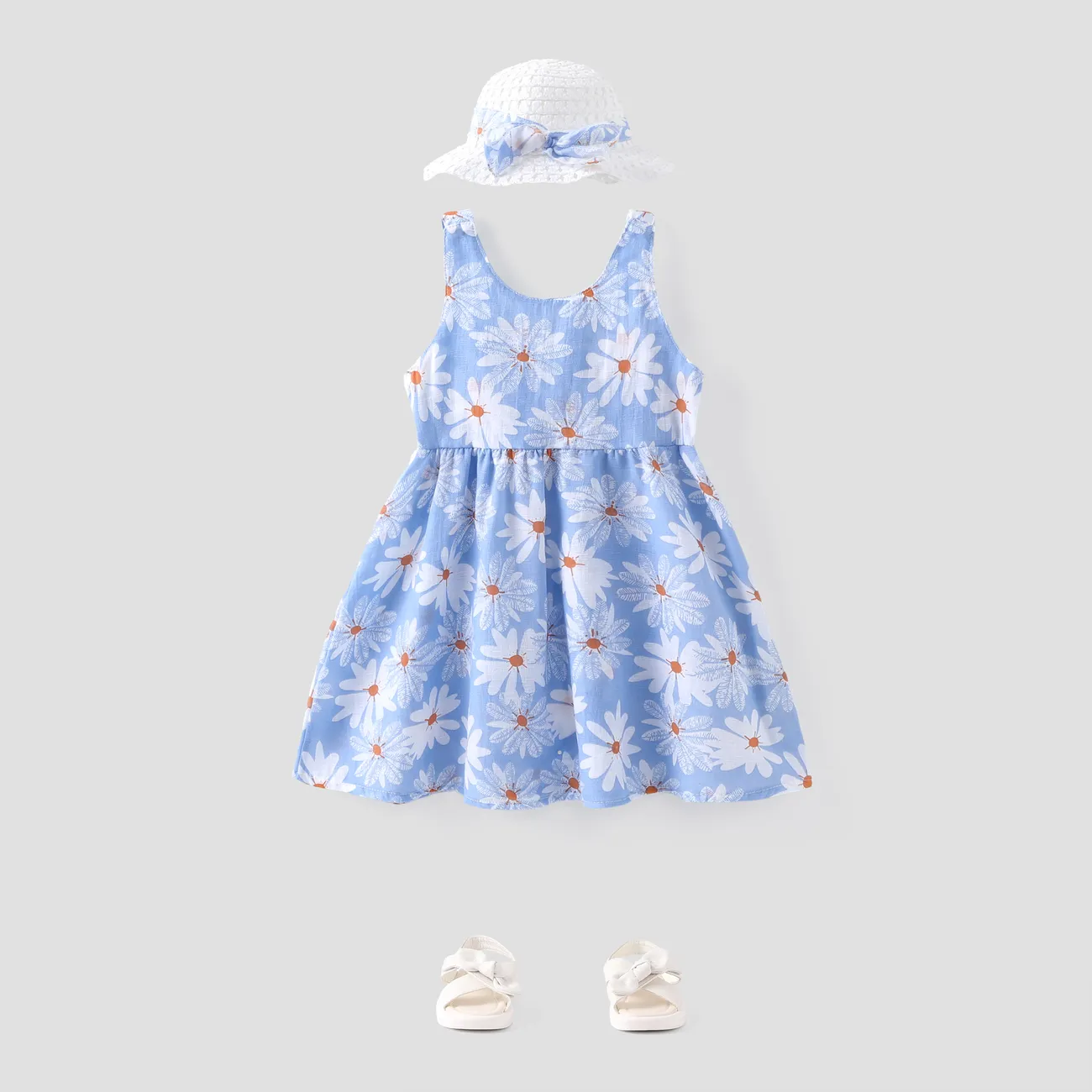 2pcs Toddler Girl Floral Print Bowknot Design Strap Dress and Straw Hat Set Blue big image 1