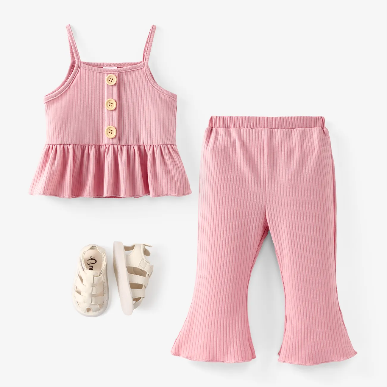 قطعتان من الملابس الداخلية للفتيات الصغيرات بحمالات سباغيتي صلبة ومجموعة سروال واسع زهري big image 1