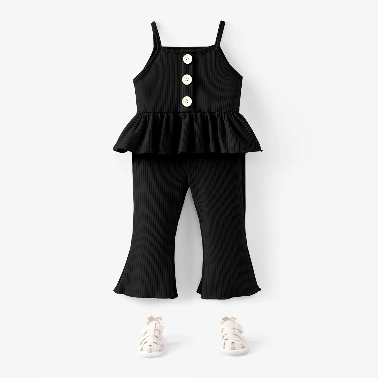 2pcs Baby Girl Solid Spaghetti Strap Peplum Top and Flared Pants Set Black big image 1
