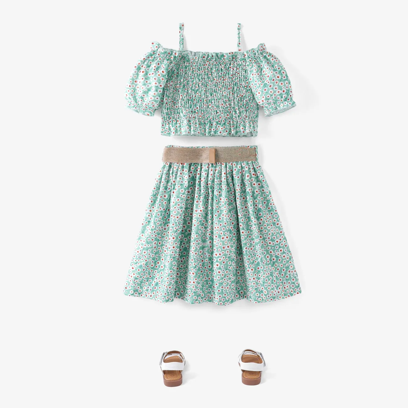 2pcs Kid Girl Off-Shoulder Smocked Top and Belted Skirt Set Mint Green big image 1