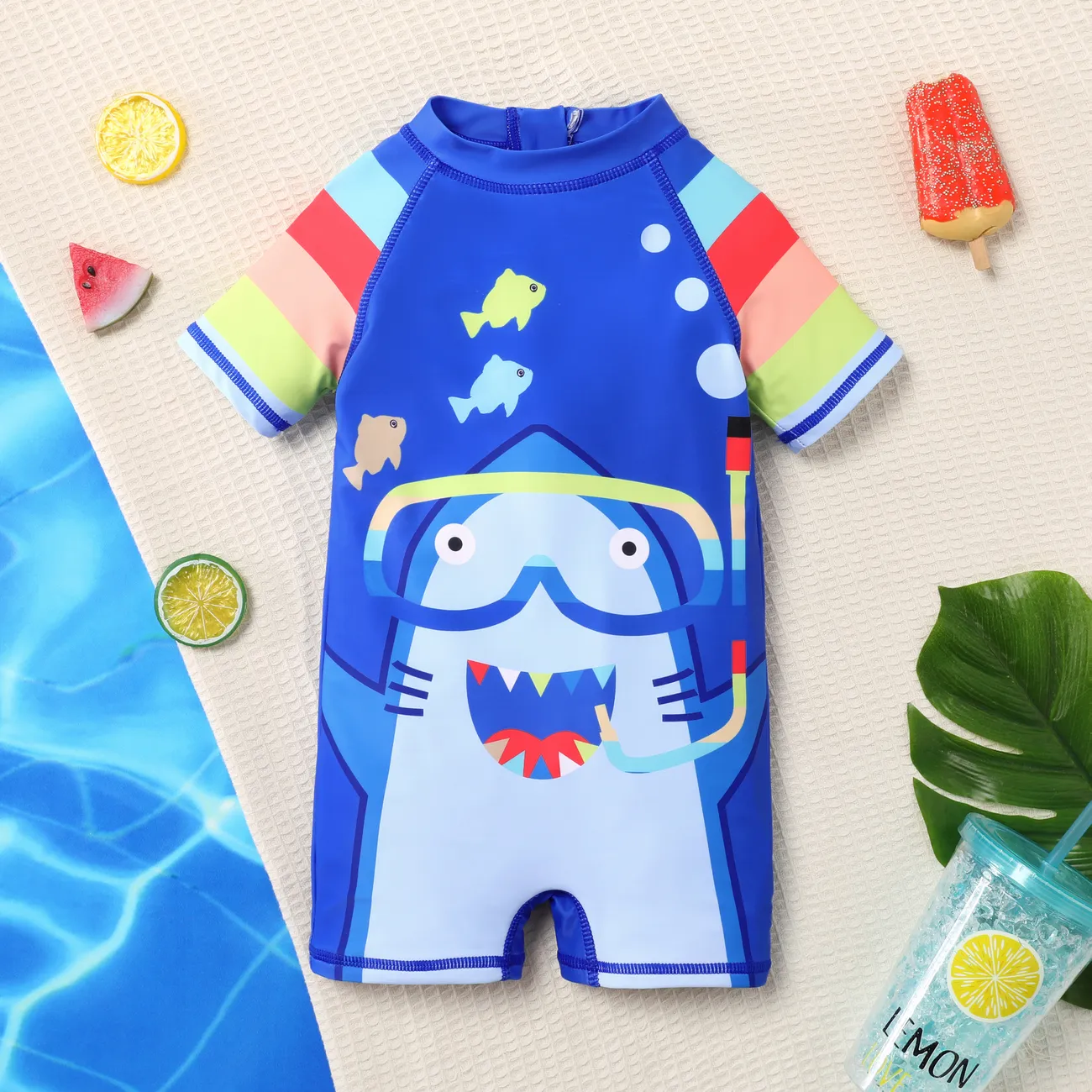  Toddler Boys Childlike Shark Stand Collar Swimsuit Blue big image 1