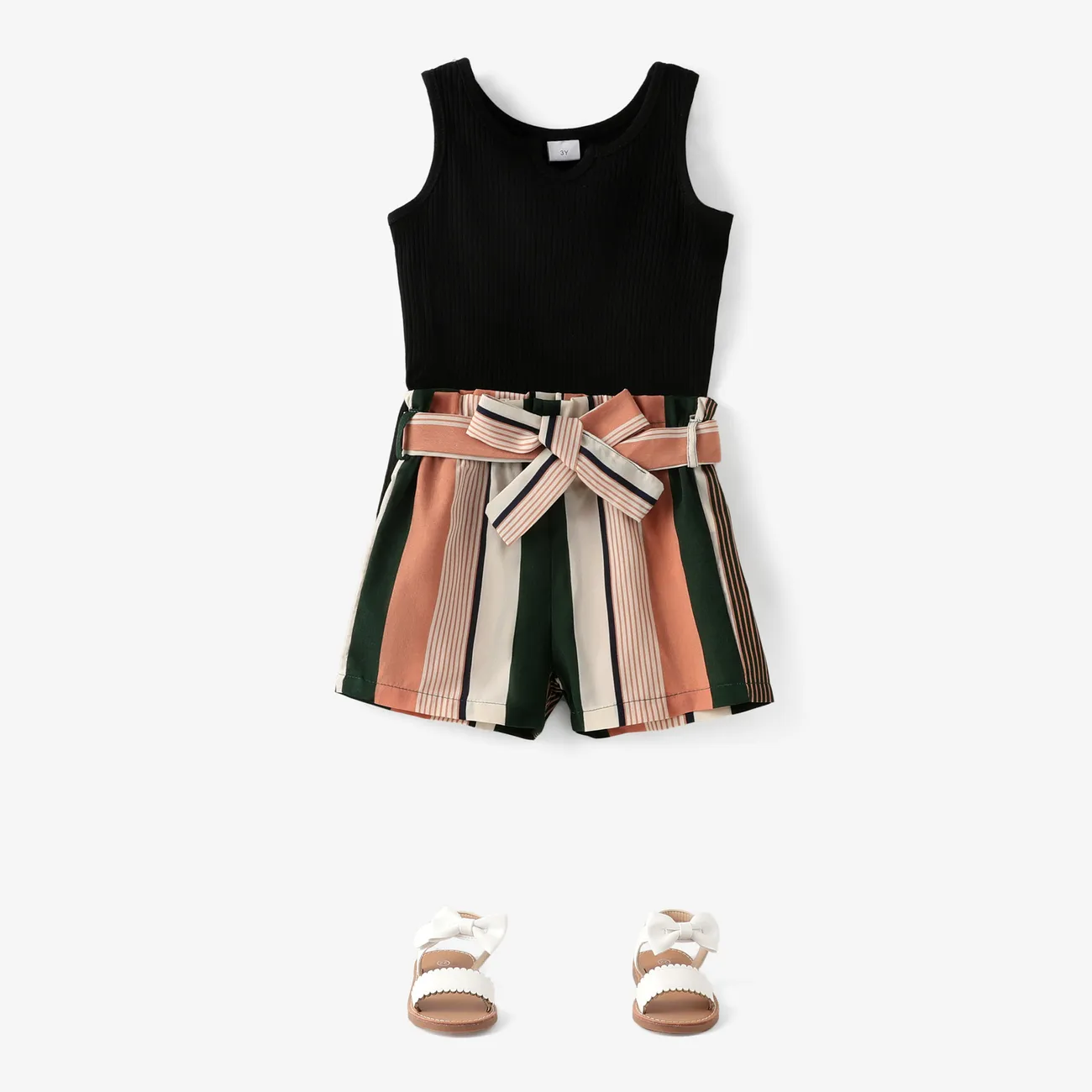 2pcs Toddler Girl Boho Ribbed Tank Top and Stripe Belted Shorts Set Black big image 1