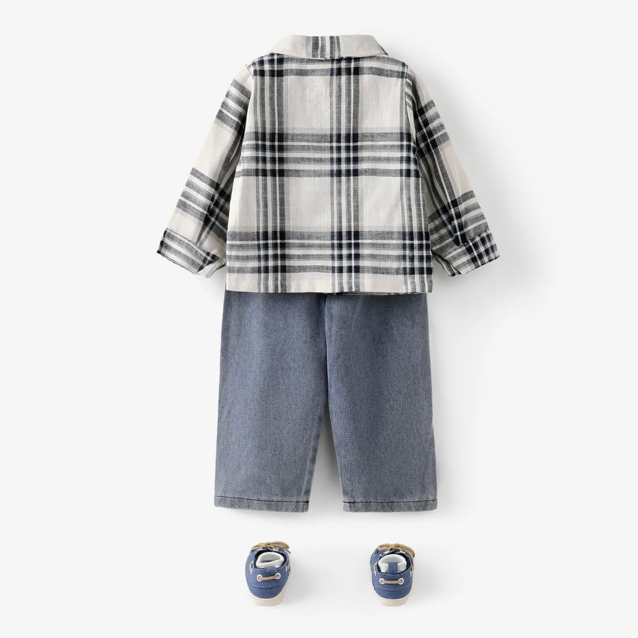 2pcs Baby Boy Patch Pocket Long-sleeve Plaid Shirt and Denim  Jeans Set  Blue big image 1