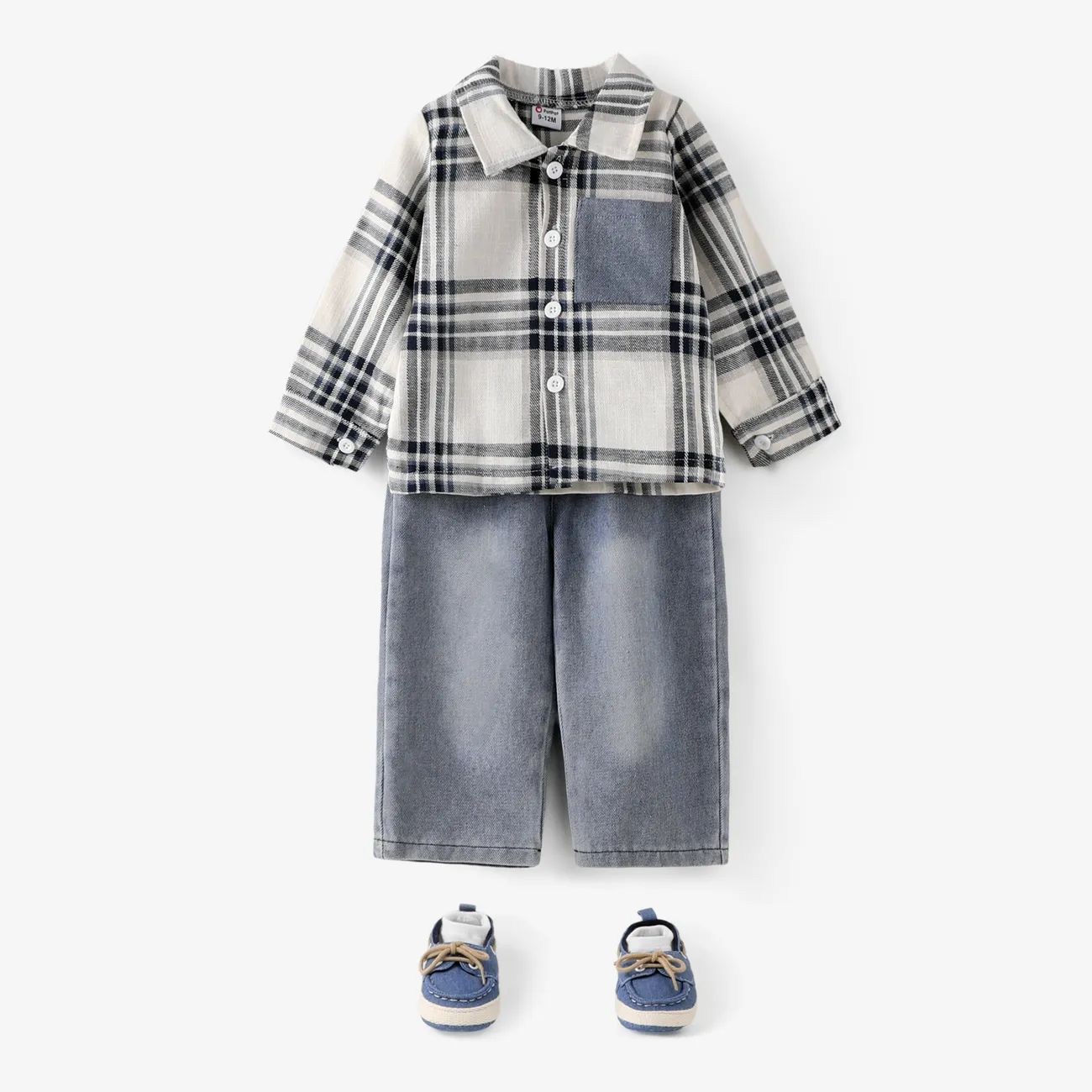 2pcs Baby Boy Patch Pocket Long-sleeve Plaid Shirt and Denim  Jeans Set  Blue big image 1