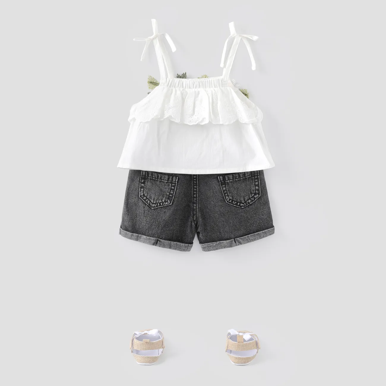 2pcs Baby Girl 100% Cotton Floral Design Cami Top and Ripped Denim Shorts Set White big image 1