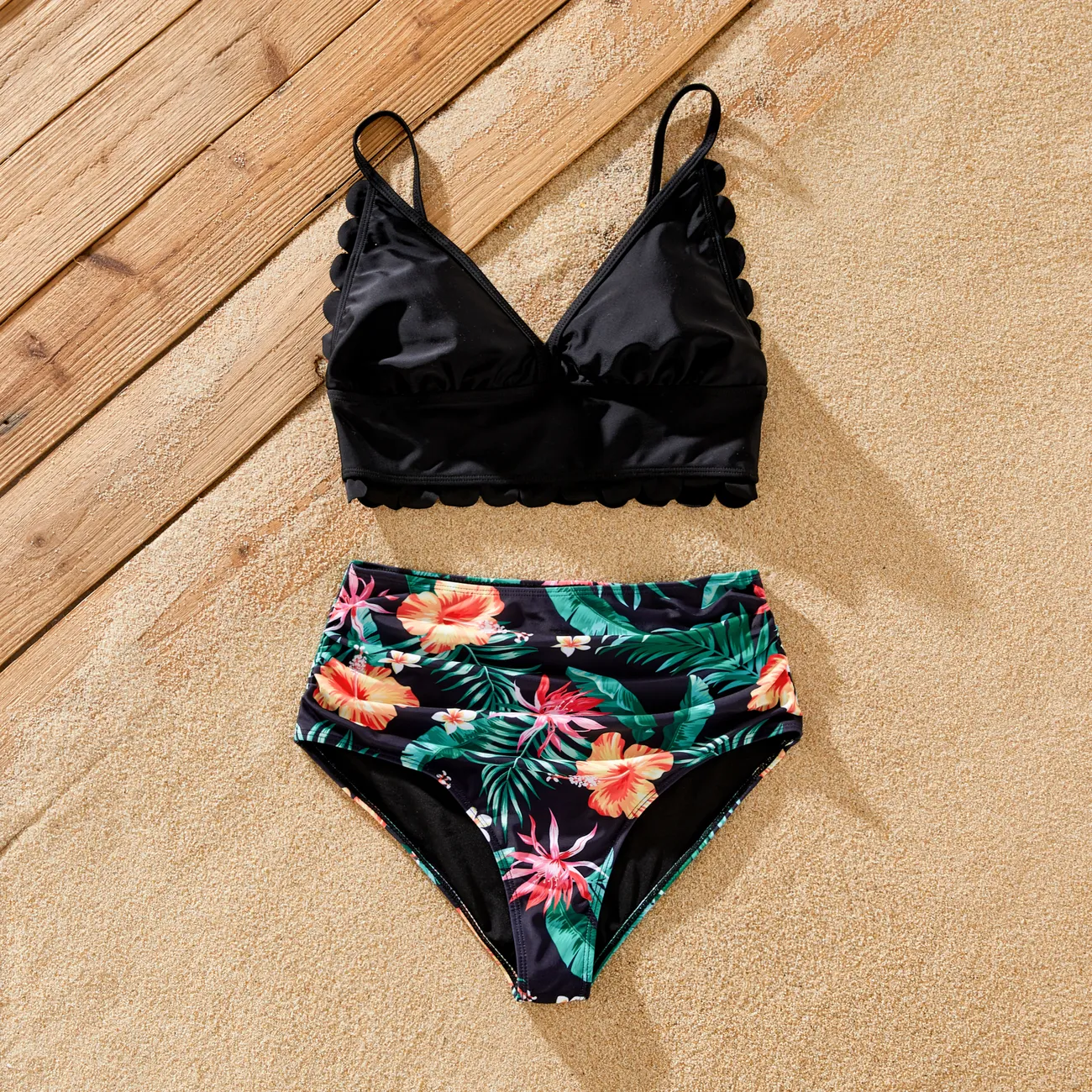 Family Matching Tropical Floral Drawstring Swim Trunks or Shell Edge Bikini Black big image 1