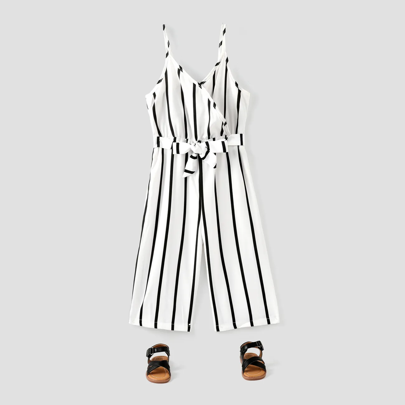 Kid Girl Stripe Surplice Neck Belted Cami Jumpsuits White big image 1