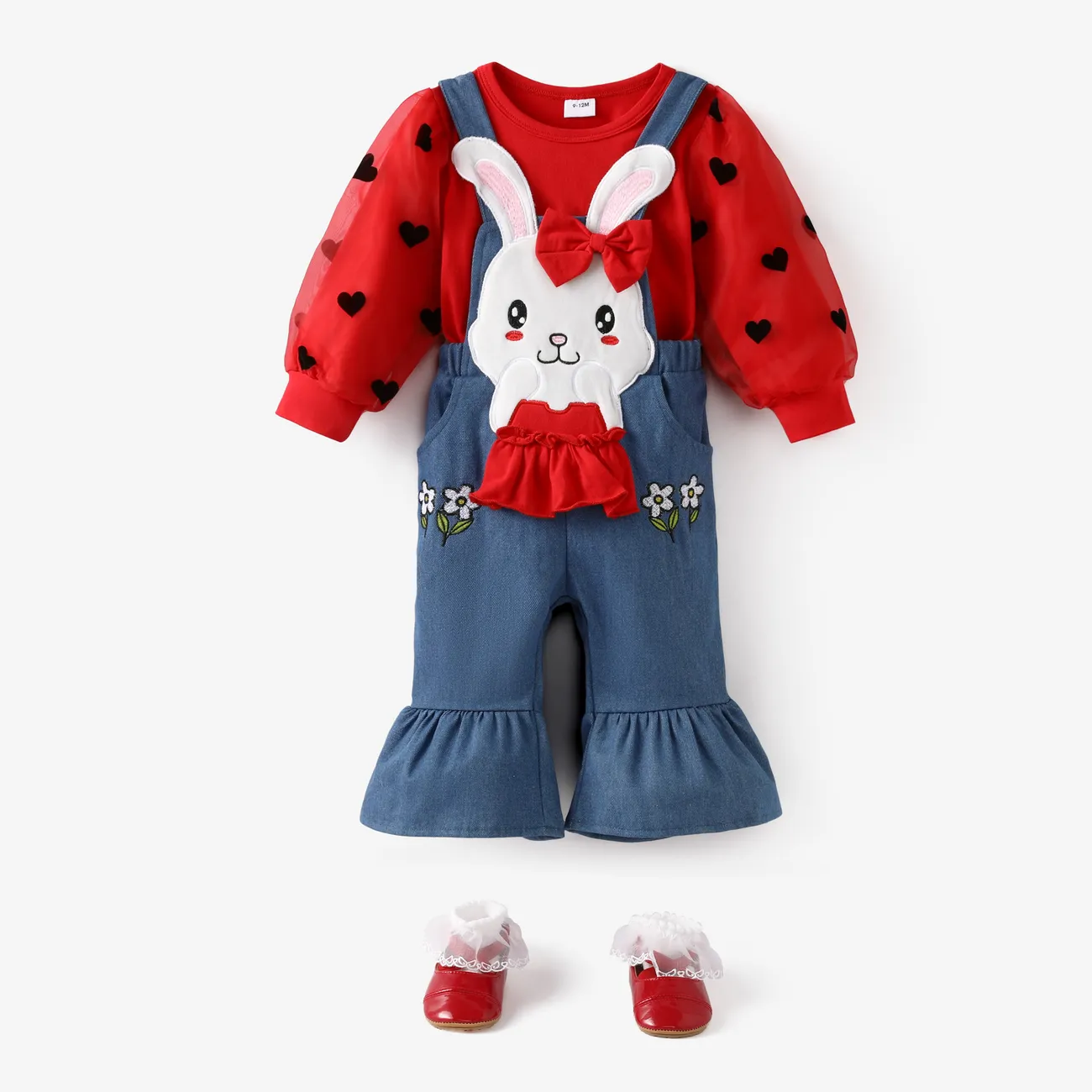 2PCS Baby Girl Sweet Bunny Applique Embroidery Long Sleeve Denim  Set Red big image 1