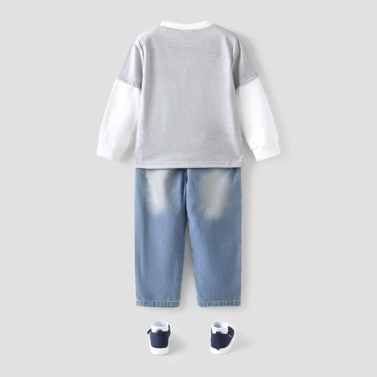 2PCS Toddler Boy Childlike Animal Pattern Top/Faux Layered Denim Pants Set Grey big image 1