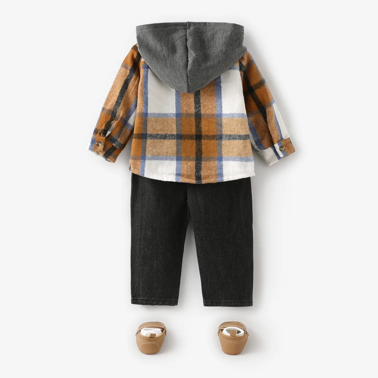 2pcs Baby Boy Long-sleeve Hooded Plaid Jacket and Ripped Jeans Set Bluish Grey big image 1