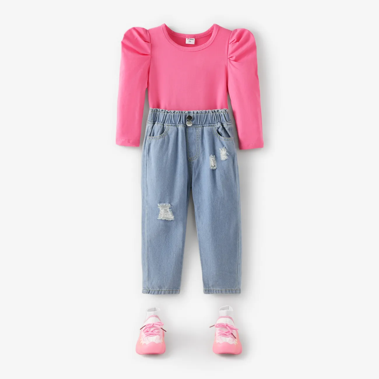 2pcs Toddler Girl Ruched Long-sleeve Top and Ripped Jeans Set Hot Pink big image 1