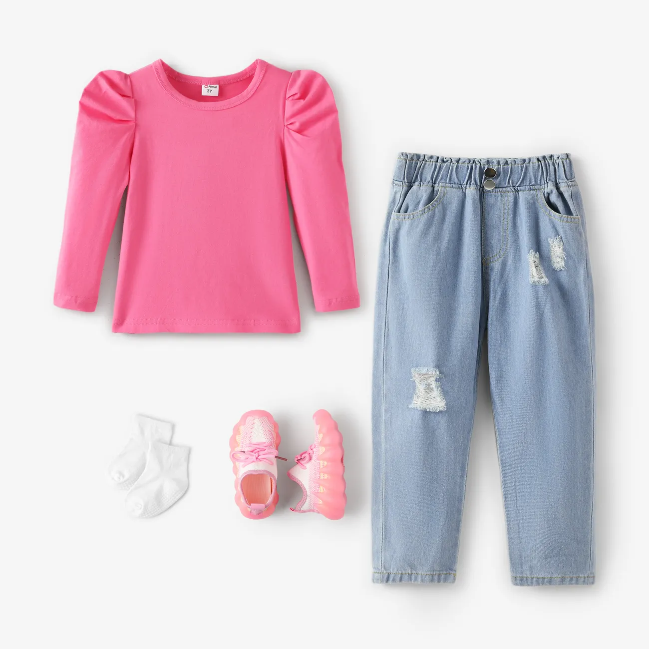2pcs Toddler Girl Ruched Long-sleeve Top and Ripped Jeans Set Hot Pink big image 1