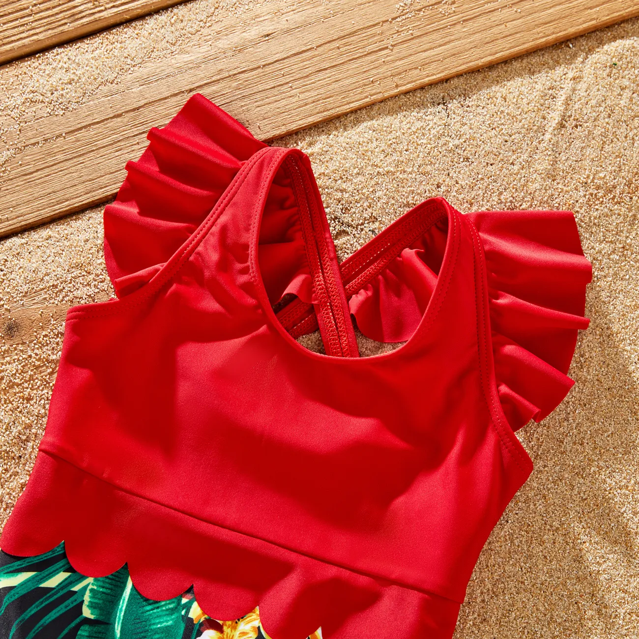 Family Matching Floral Drawstring Swim Trunks or Red Halter Top Spliced Swimsuit Red big image 1