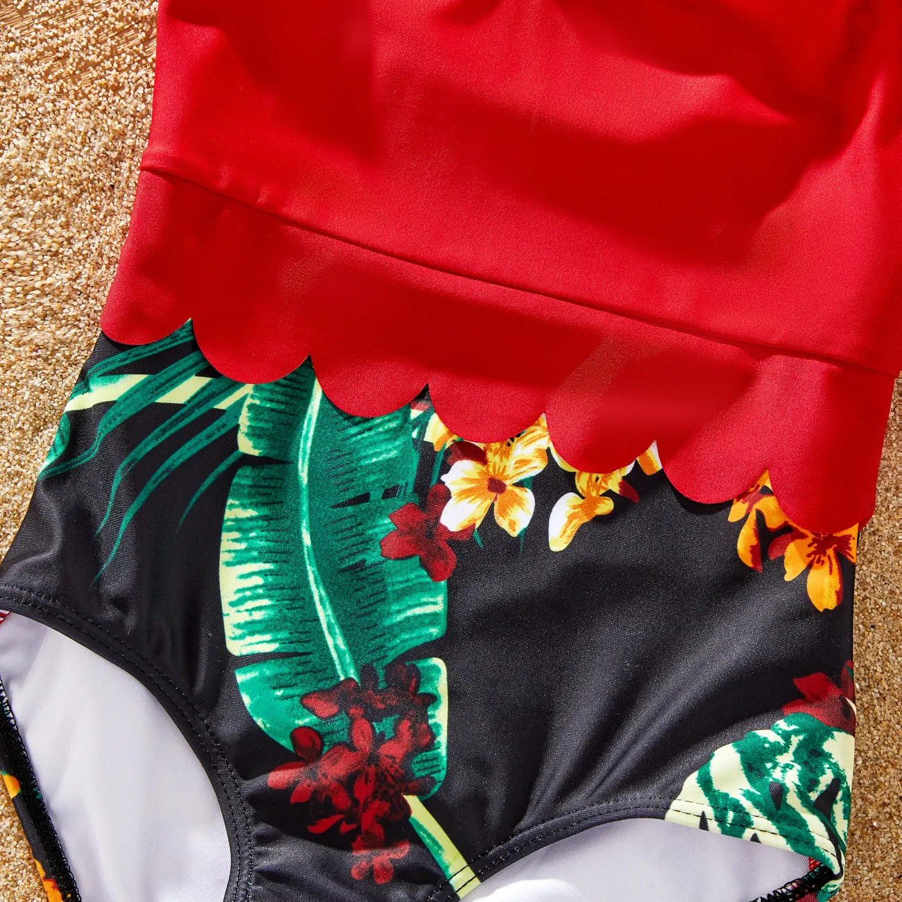 Family Matching Floral Drawstring Swim Trunks or Red Halter Top Spliced Swimsuit Red big image 1