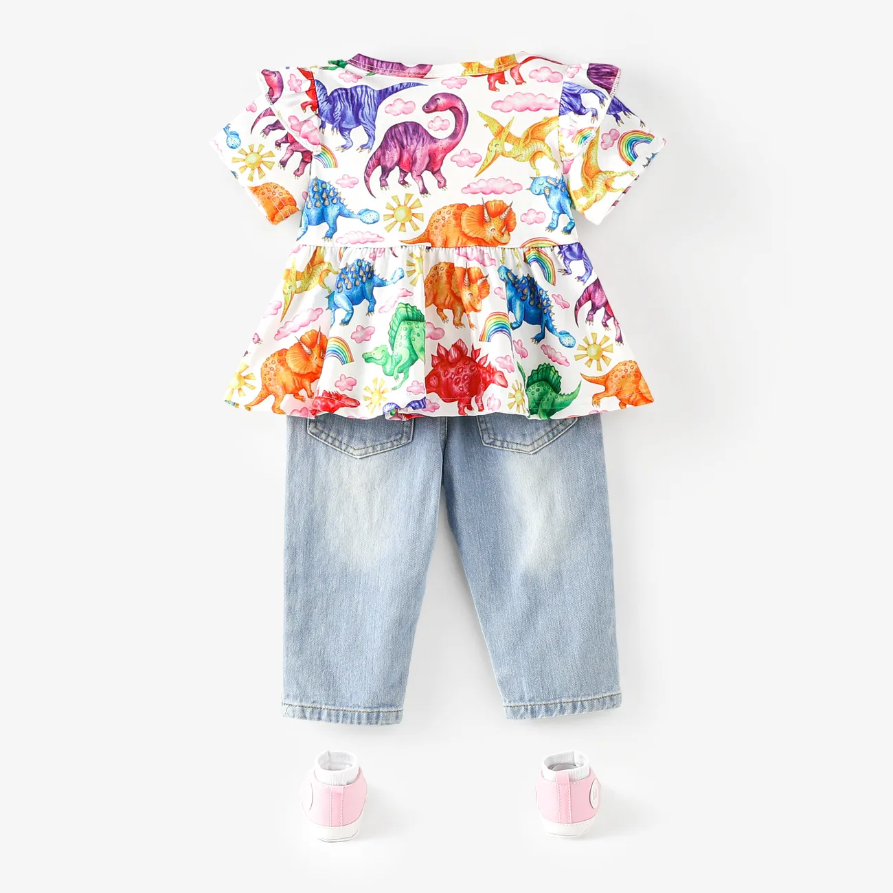2件 嬰兒 女 喇叭袖 恐龍 休閒 短袖 嬰兒套裝 彩色 big image 1