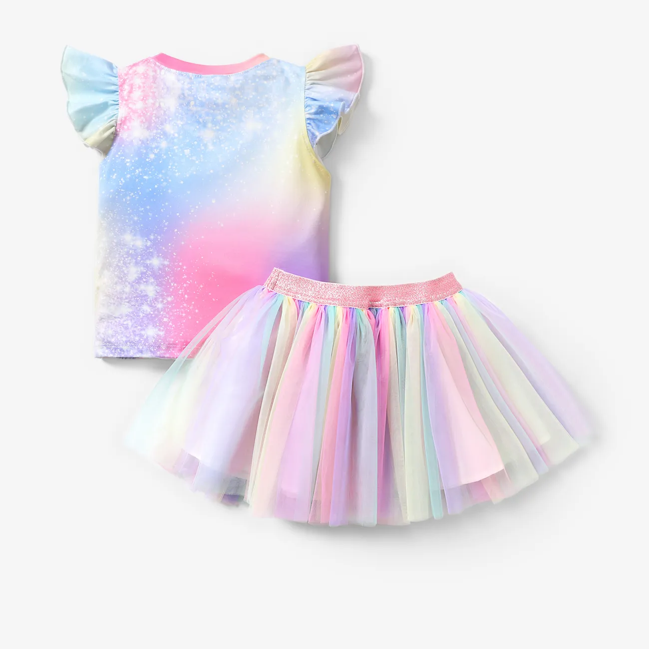 Barbie 2pcs Toddler Girls Character Ruffled-sleeve top with Rainbow Mesh Skirt Set

 Pink big image 1