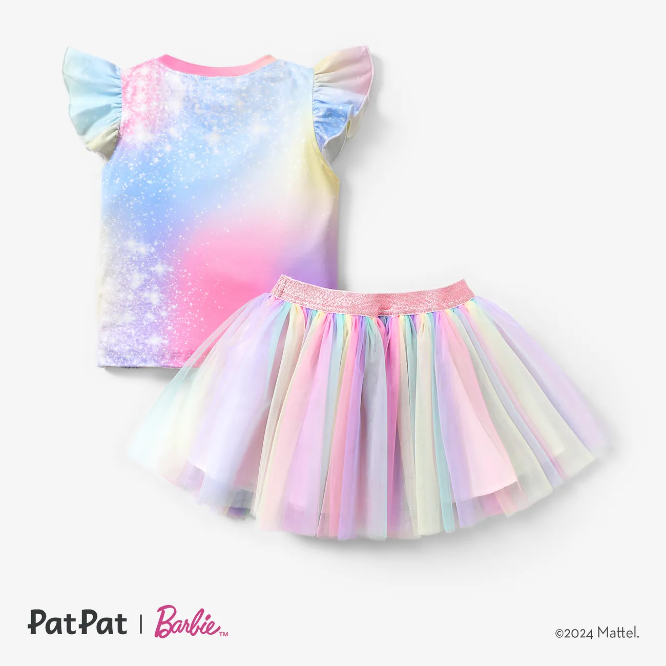 Barbie 2pcs Toddler Girls Character Ruffled-sleeve top with Rainbow Mesh Skirt Set

 Pink big image 1
