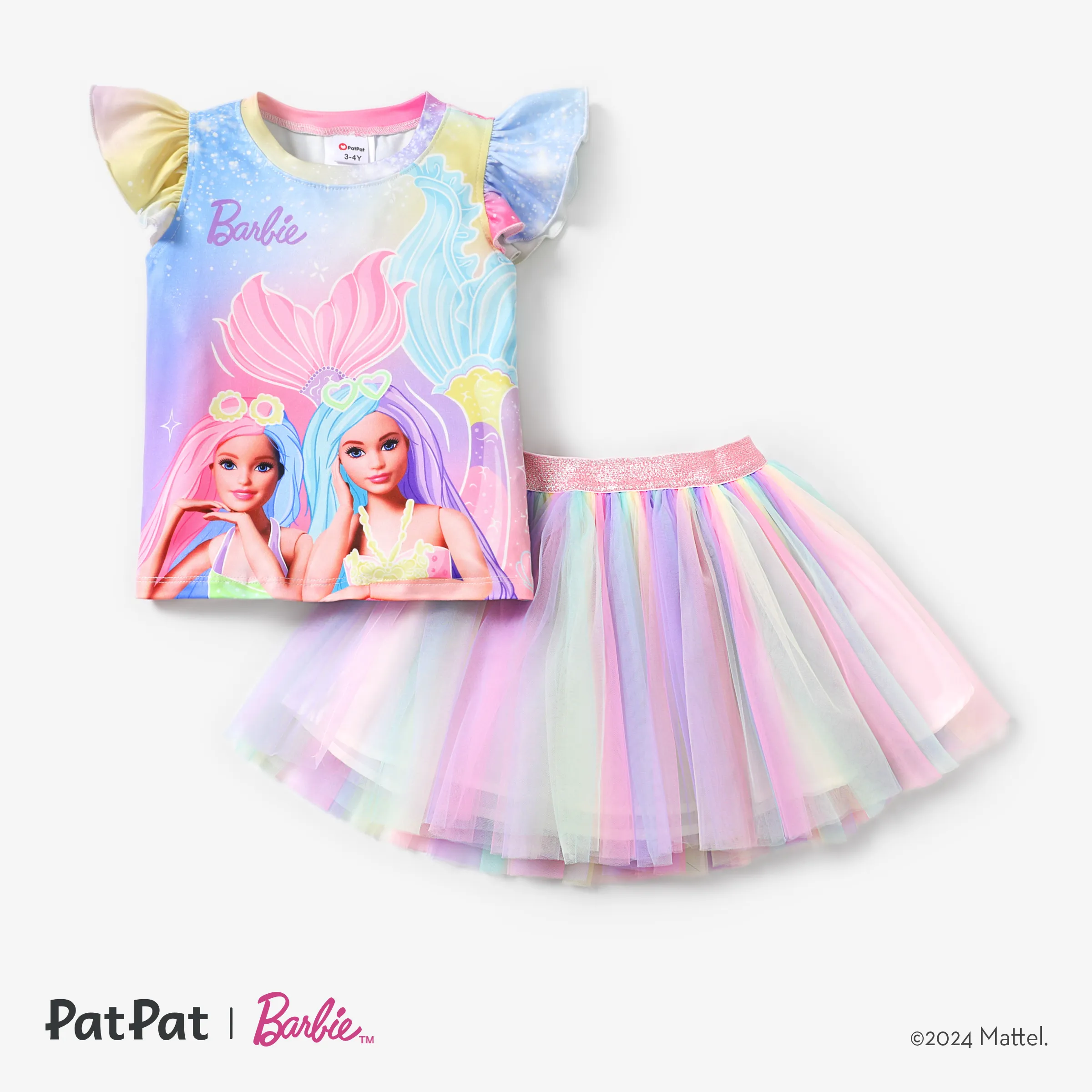 Barbie 2pcs Toddler Girls Character Ruffled-sleeve top with Rainbow Mesh Skirt Set