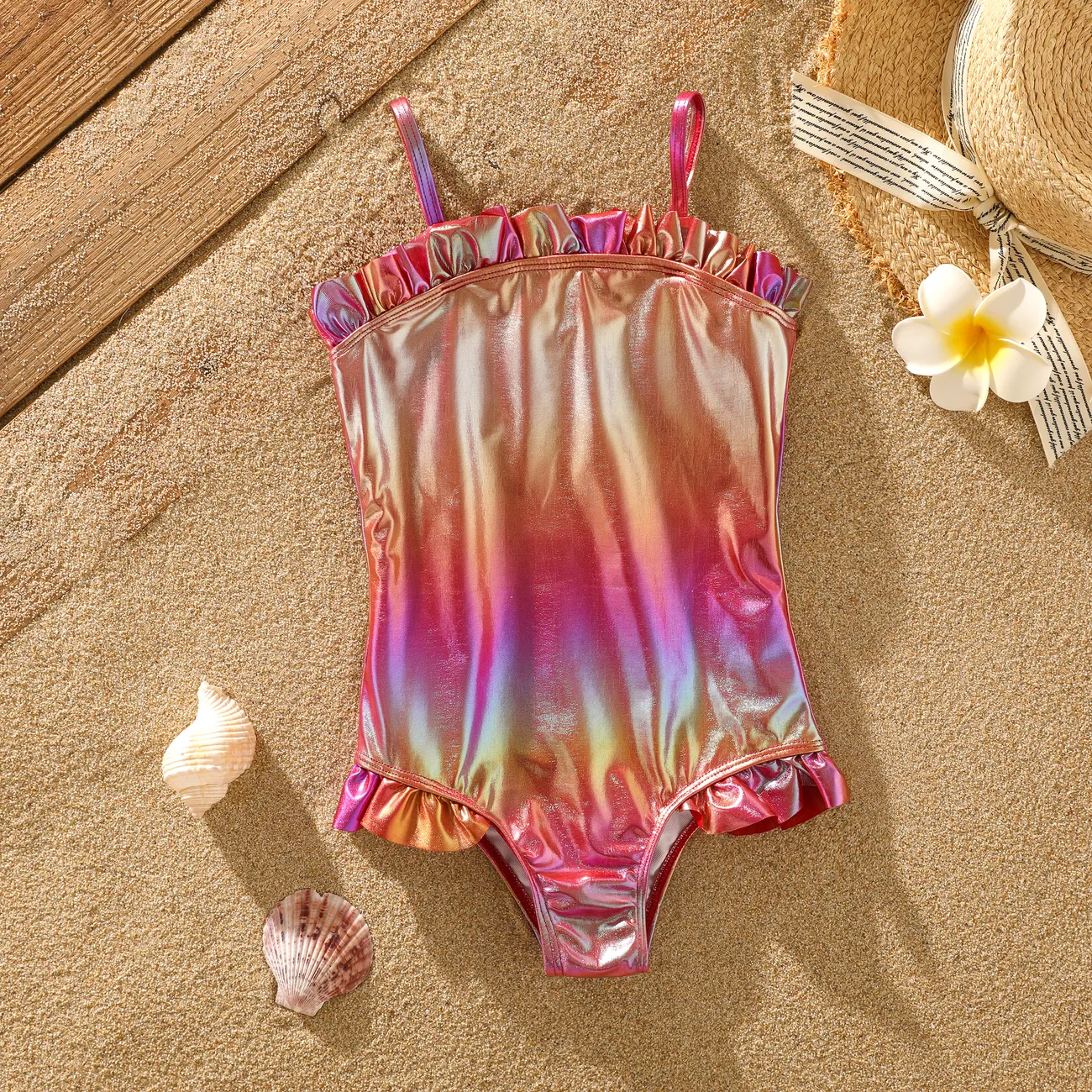 Girl's Sweet Ruffle Solid Color One-Piece Swimsuit Set - Polyester/Spandex Tight Swimwear for Kids Purple big image 1