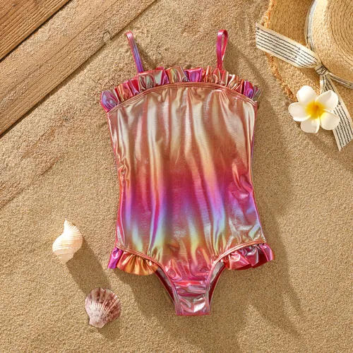 Girl's Sweet Ruffle Solid Color One-Piece Swimsuit Set - Polyester/Spandex Tight Swimwear for Kids