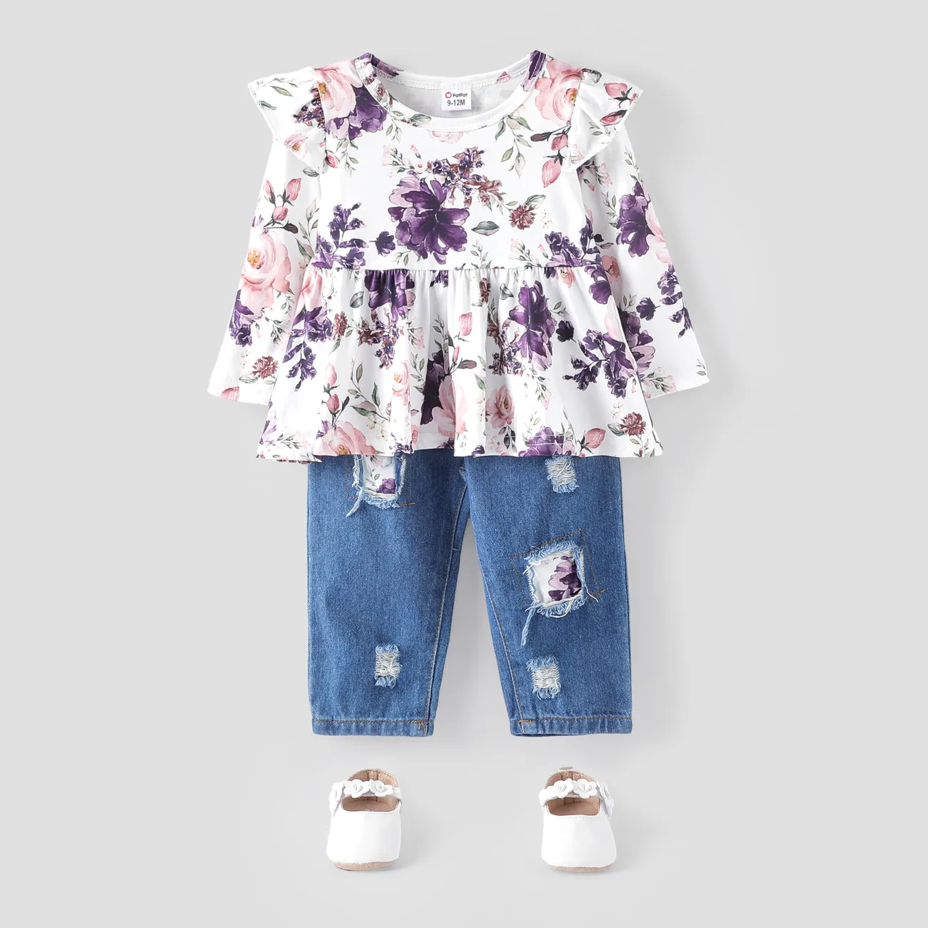 2pcs Baby Girl Allover Floral Print Ruffle Long-sleeve Top and 95% Cotton Ripped Jeans Set Purple big image 1