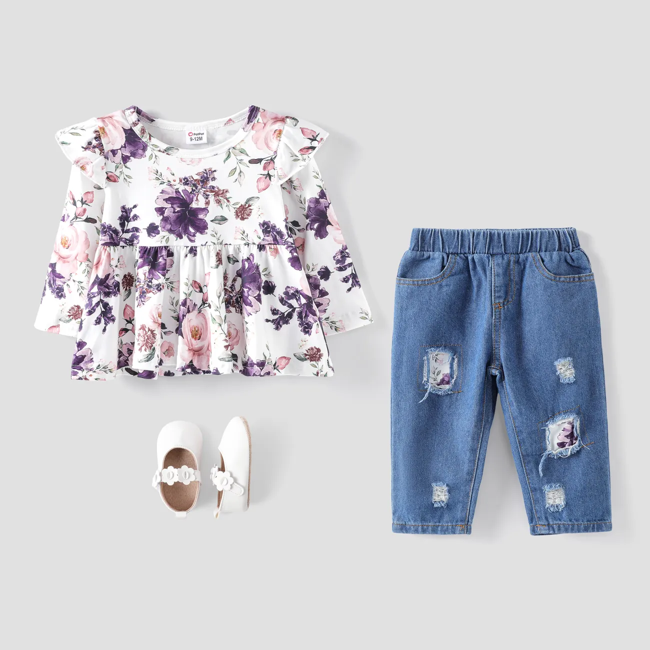 2pcs Baby Girl Allover Floral Print Ruffle Long-sleeve Top and 95% Cotton Ripped Jeans Set Purple big image 1