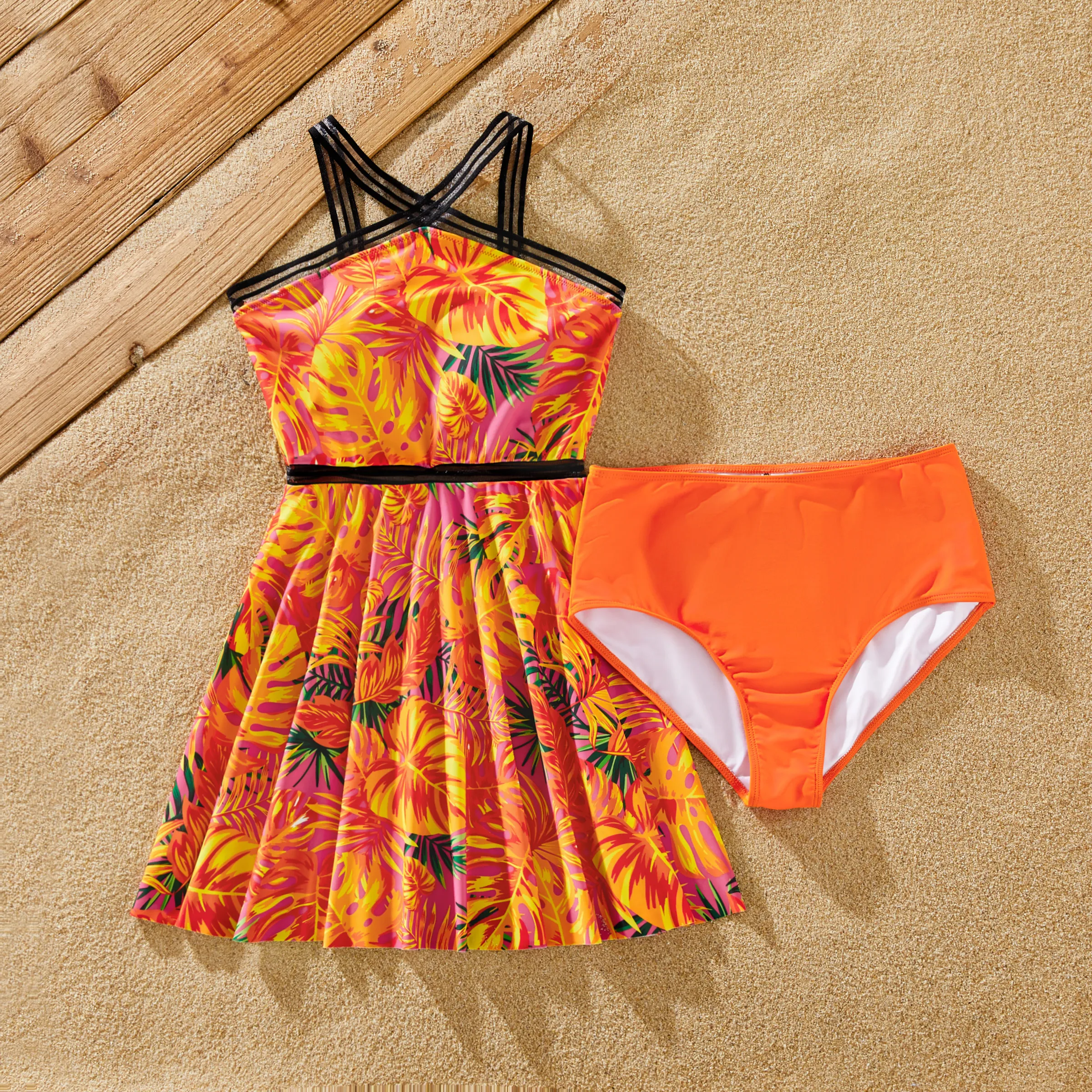 

Family Matching Floral Drawstring Swim Trunks or Ribbon Cross Neck Two-Piece Tankini