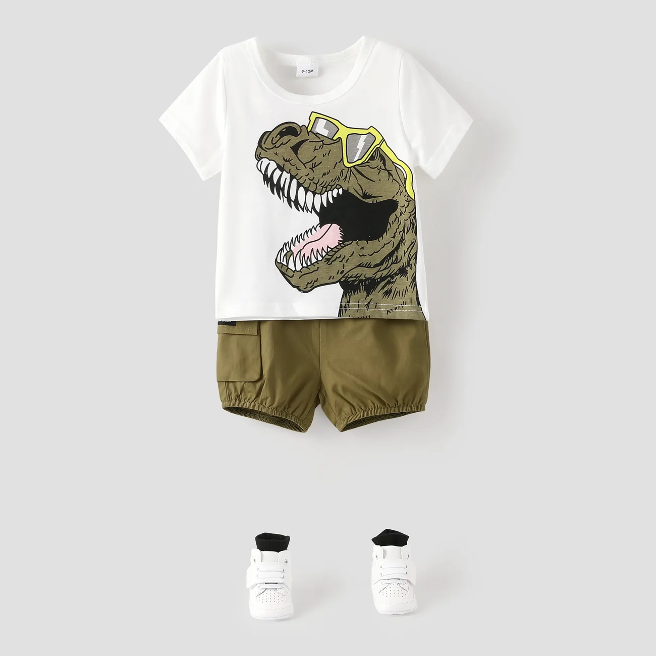 2pcs Baby Boy Glasses Dinosaur Print Short-sleeve Tee and Cargo Shorts Set Dark Green big image 1