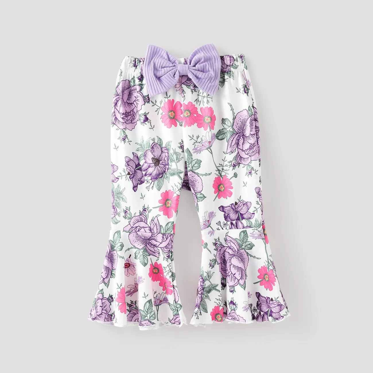 3pcs Baby Girl 95% Cotton Ribbed Ruffle Hem Cami Top and Bow Front Floral Print Flared Pants & Headband Set Purple big image 1