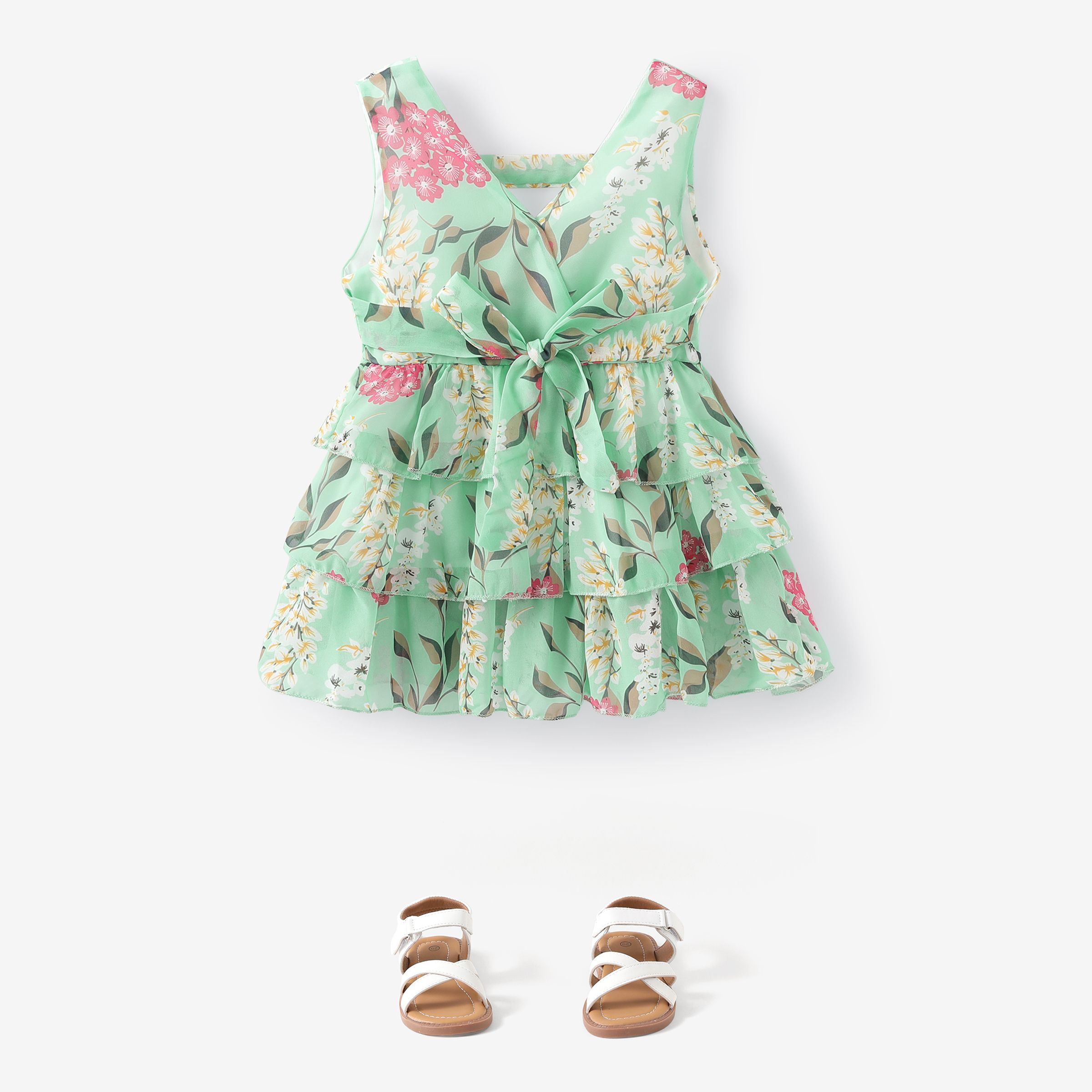Toddler Girl Pretty Floral Print Multi-Layered Dress/ Sandals