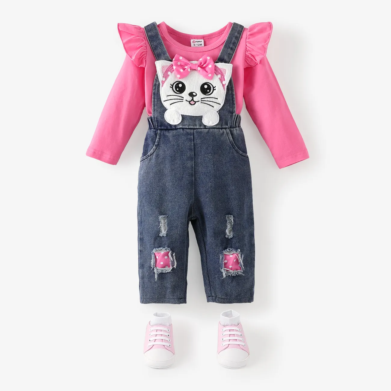 2pcs Baby Girls Ruffled Tshirt and 3D Cat Animal print Jeans Overall Set  Hot Pink big image 1