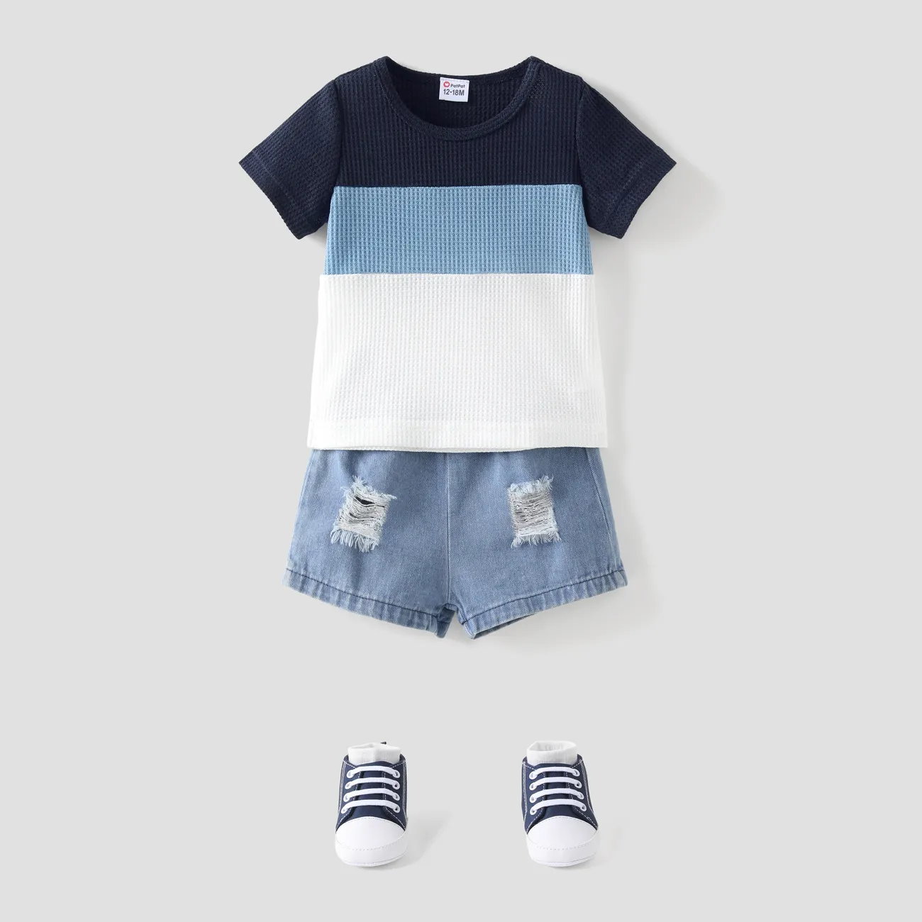 2pcs Baby Boy Color Block Waffle Top and 100% Cotton Ripped Denim Shorts Set Blue big image 1