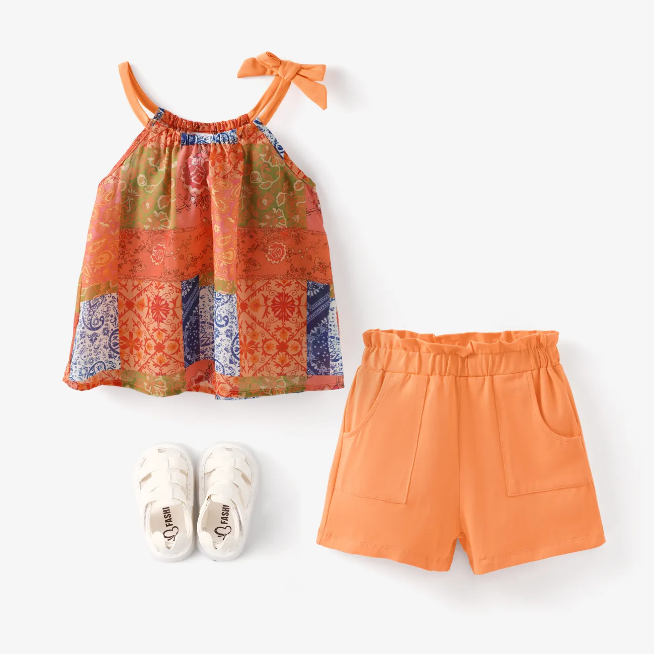 2pcs Toddler Girl Boho Cami Top and Solid Elasticized Shorts Set Multicolour-1 big image 1