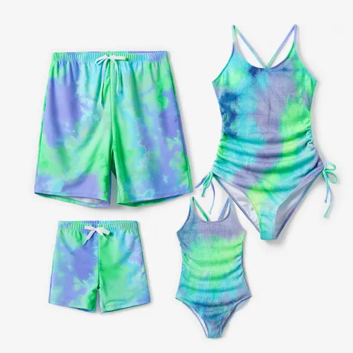 Family Matching Tie-dyed Drawstring Swim Trunks or Ruched Tie Side Cross Back Strap Swimsuit