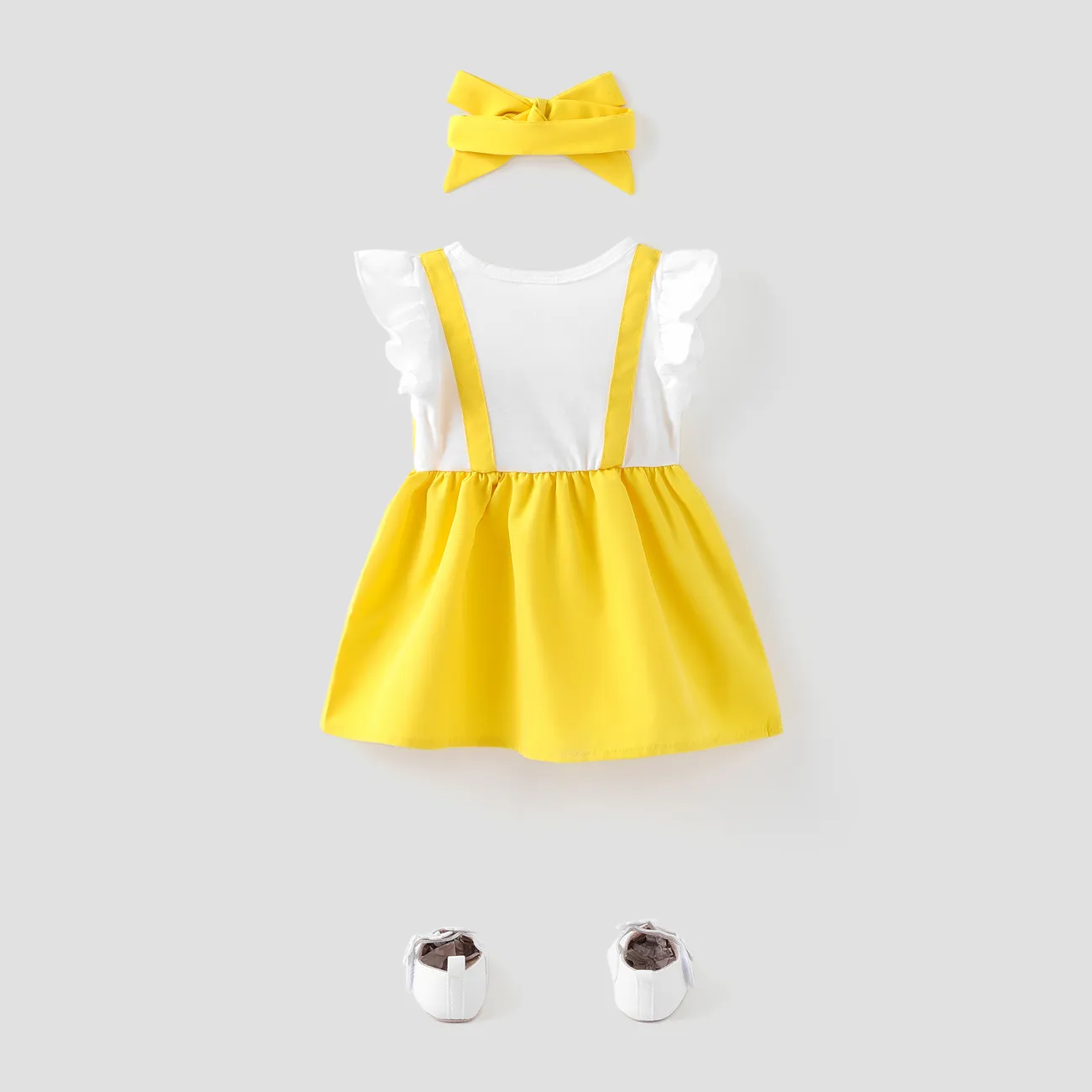 Baby Girl 2pcs Sweet Flower Embroidery  Faux-two Dress and Headband Set/ Shoes Yellow big image 1