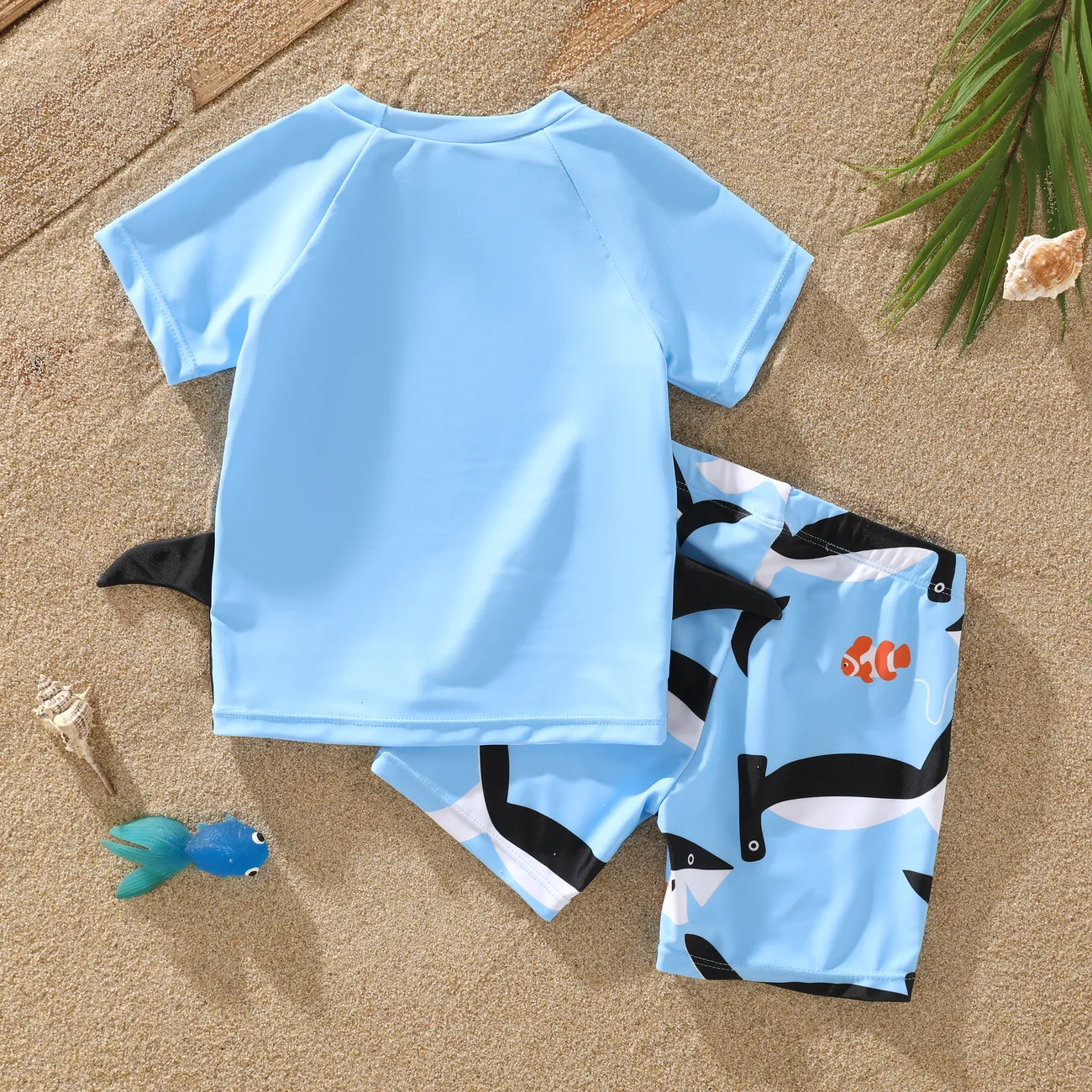 2 件幼兒/兒童男孩童心鯊魚印花泳裝套裝 藍色 big image 1
