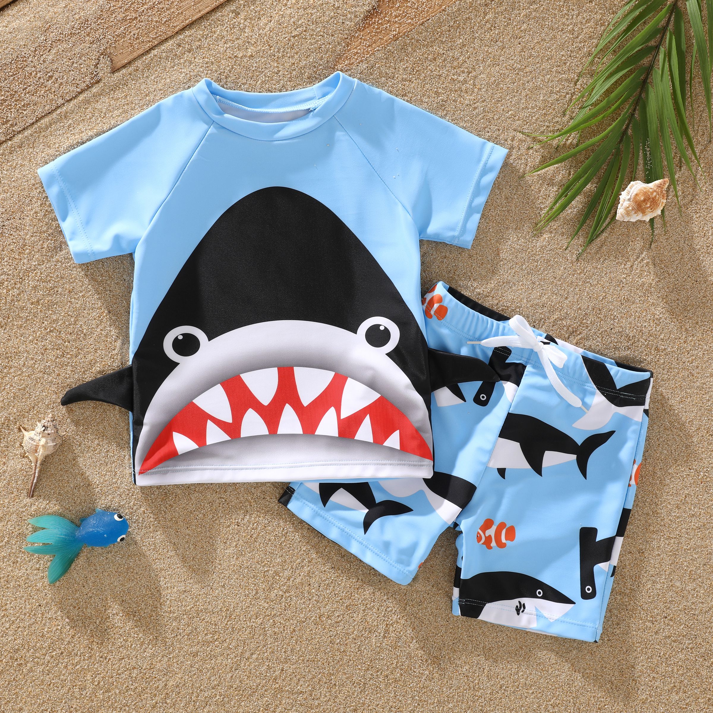 2 件幼兒/兒童男孩童心鯊魚印花泳裝套裝