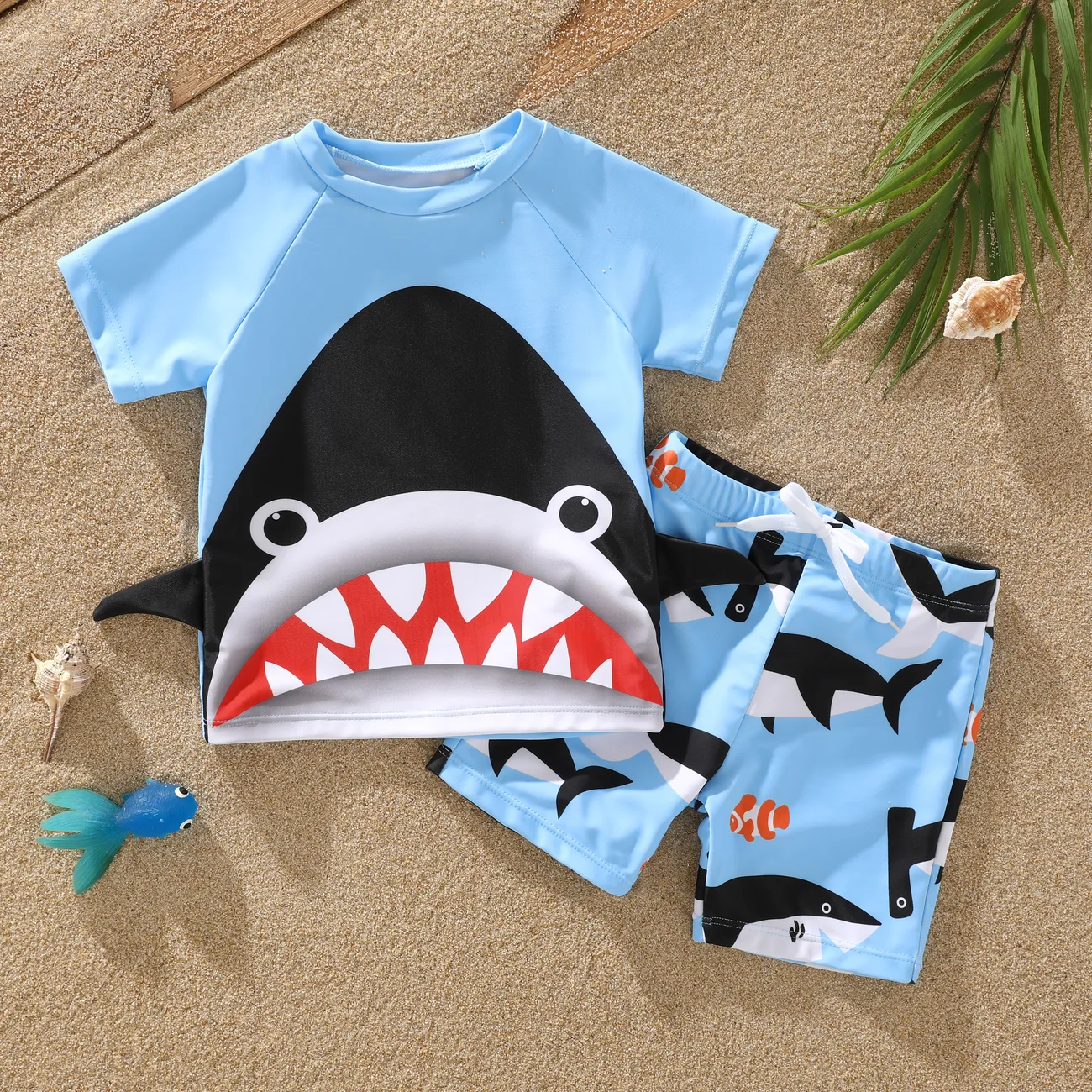 2pcs criança / menino infantil tubarão impressão swimsuits set Azul big image 1