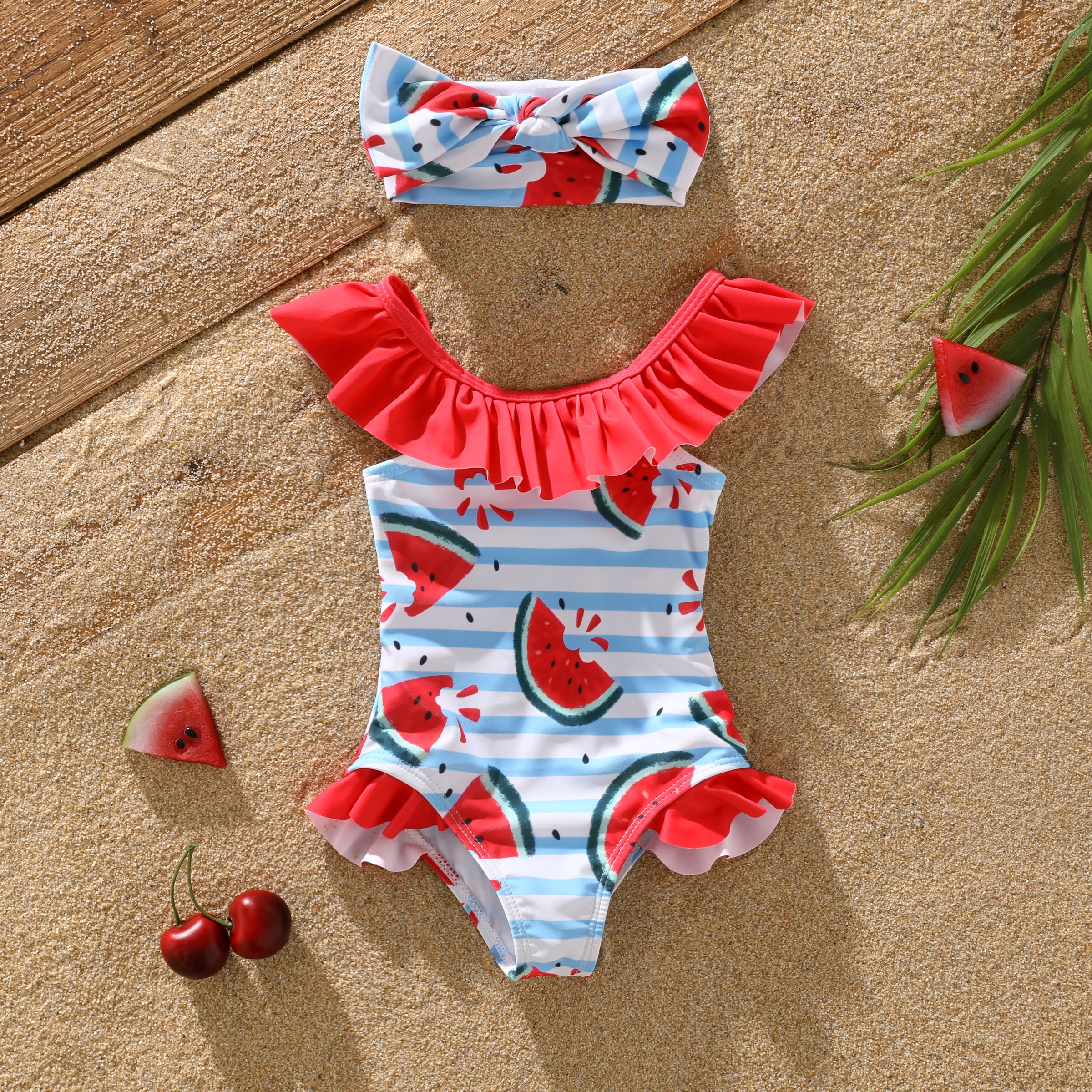 

2pcs Baby Girl Contrast Ruffle Trim Watermelon Print Striped One-piece Swimsuit & Headband Set