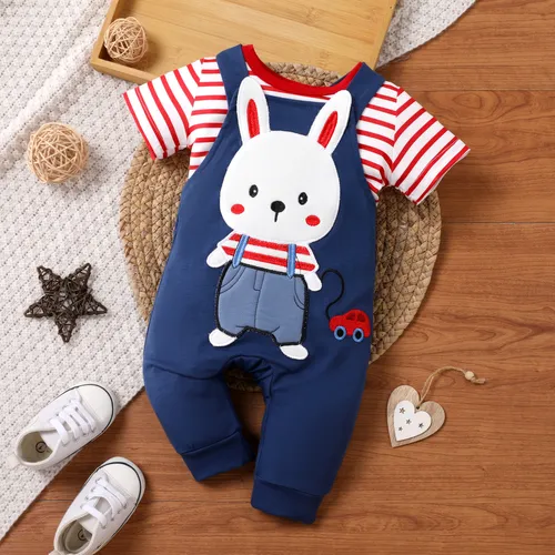 2pcs Baby Boy/Girl Rabbit 3D Hyper-Tactile Short-sleeve T-shirt and Overalls Set 