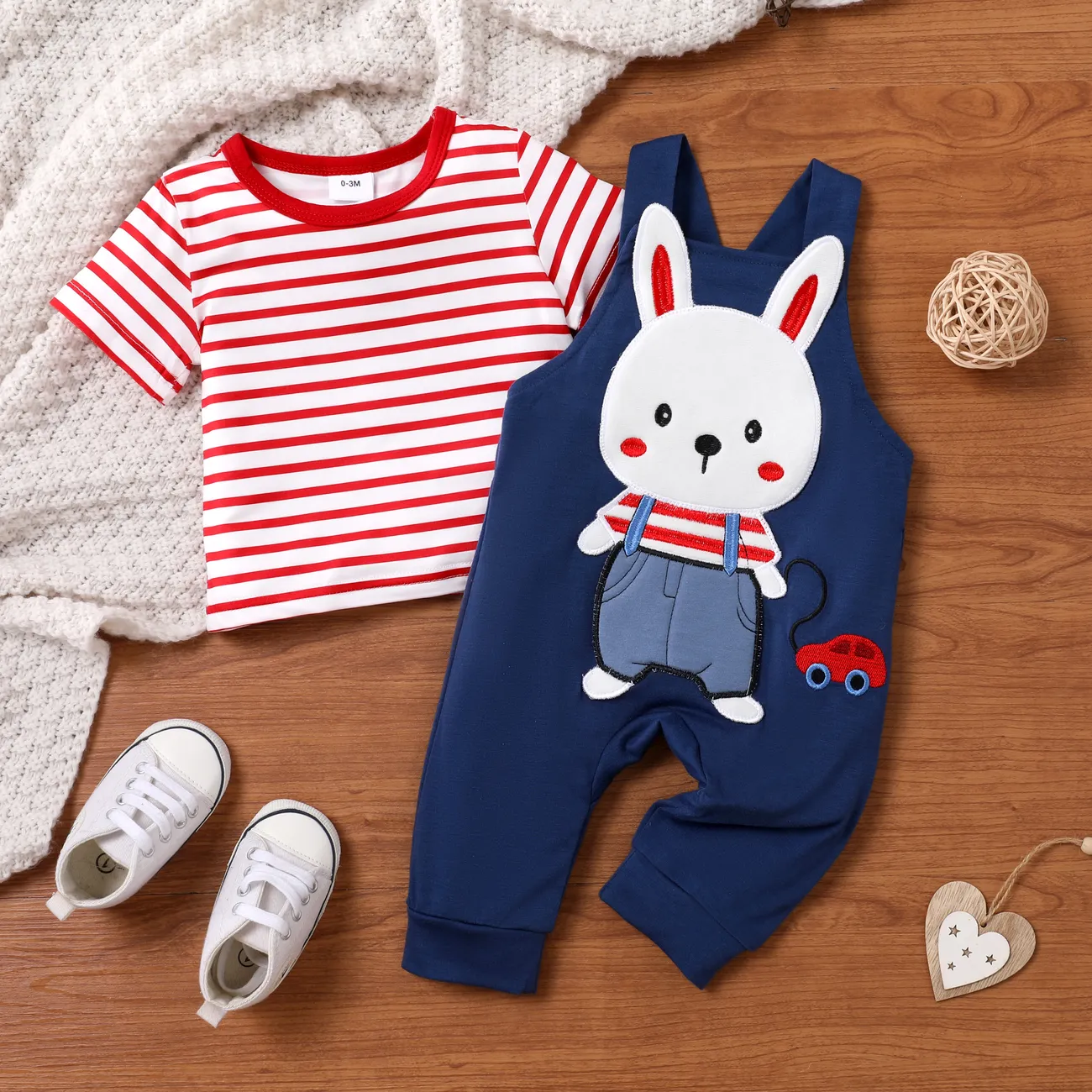 2pcs Baby Boy/Girl Rabbit 3D Hyper-Tactile Short-sleeve T-shirt and Overalls Set  Blue big image 1