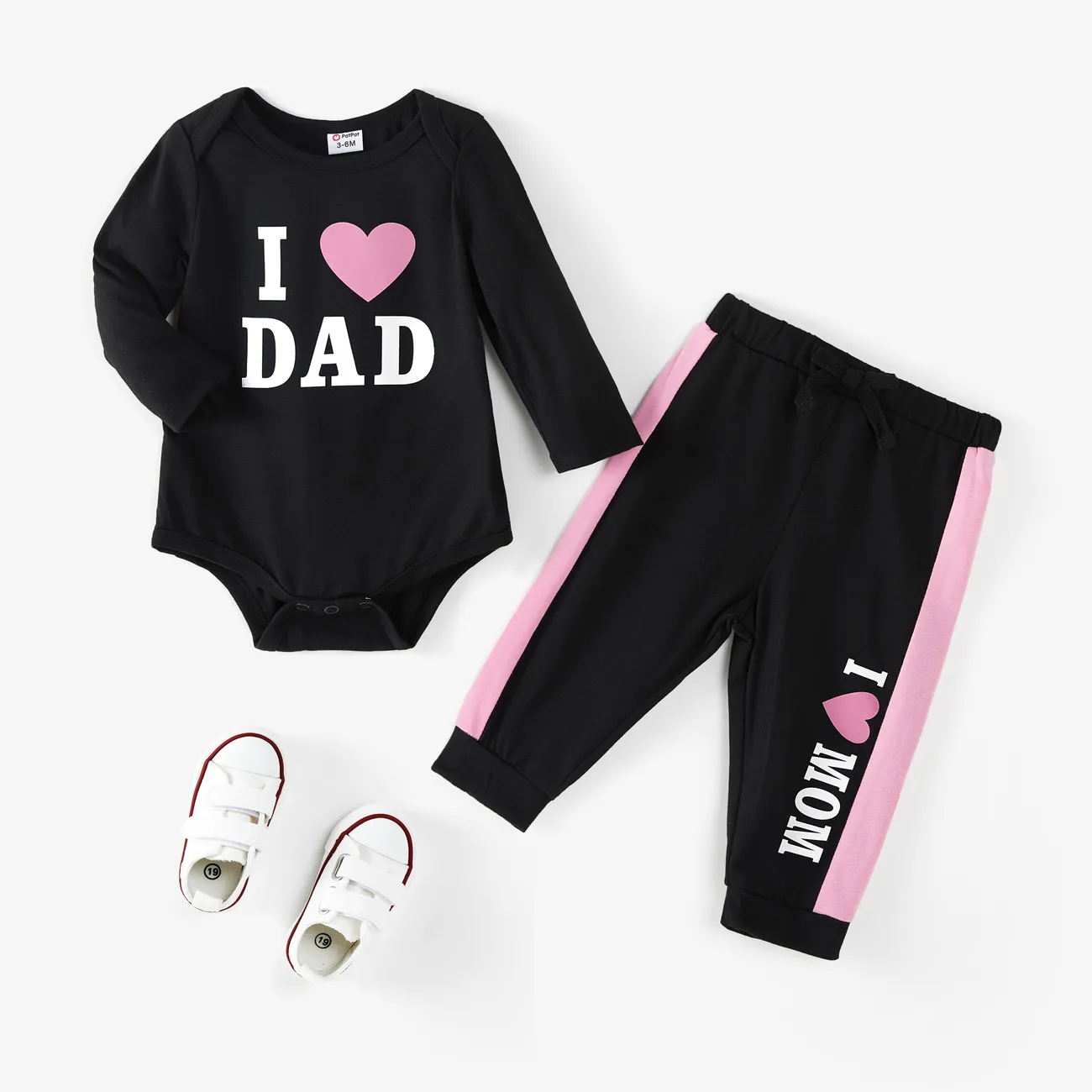 2pcs Baby Girl Love Heart and Letter Print Long-sleeve Romper with Trousers Set Black big image 1
