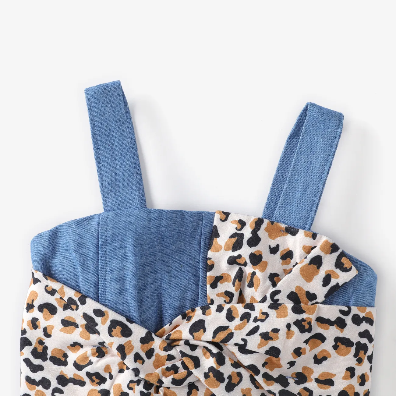 Denim Leopard Print Bow Decor Sleeveless Baby Overalls Blue big image 1